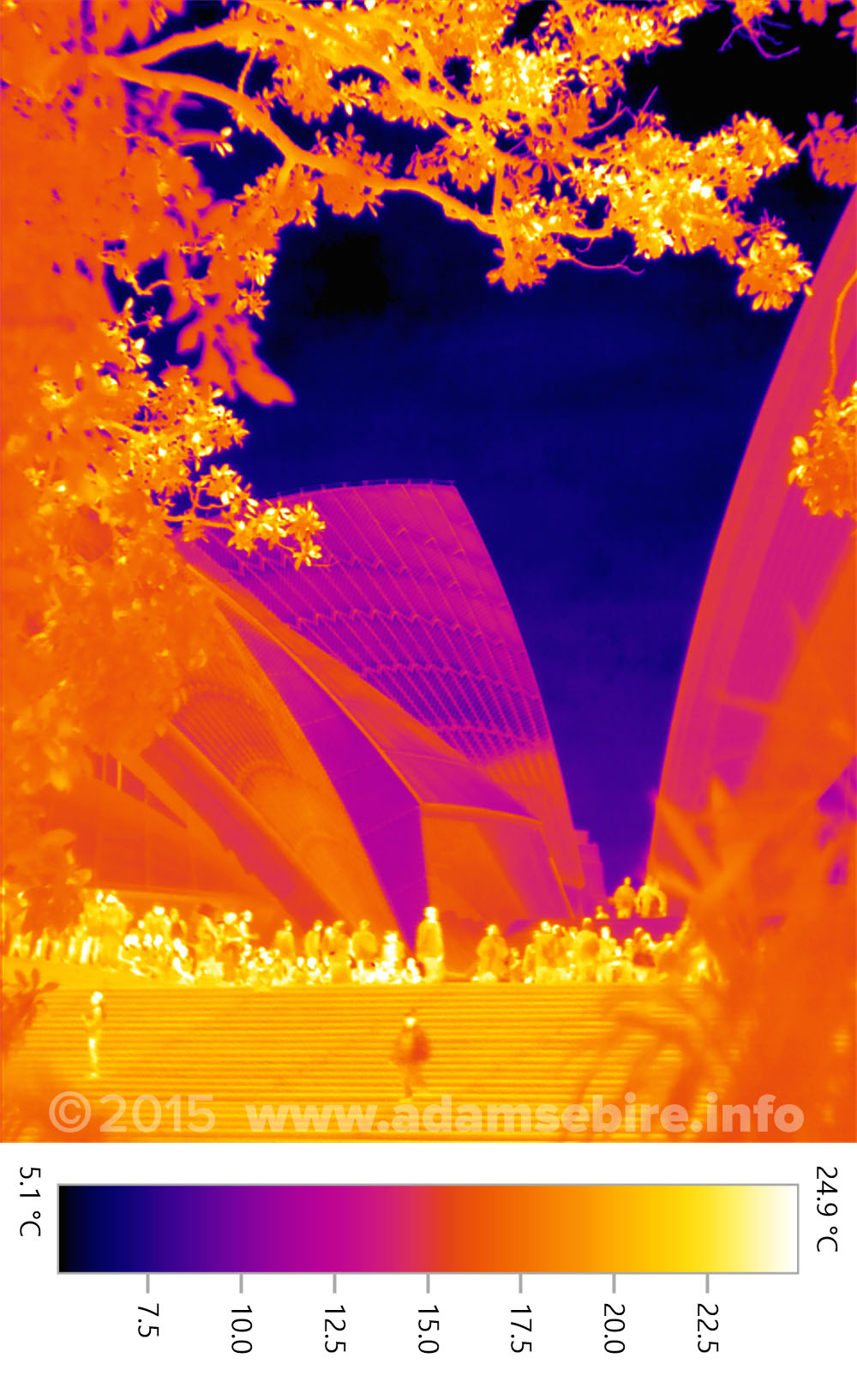 Sydney Opera House infrared thermal image showing prinicple of white roofs as energy efficient sustainable design