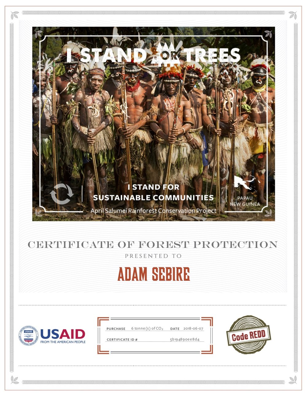 Carbon offset certificate for Adam's 6t of flight emissions