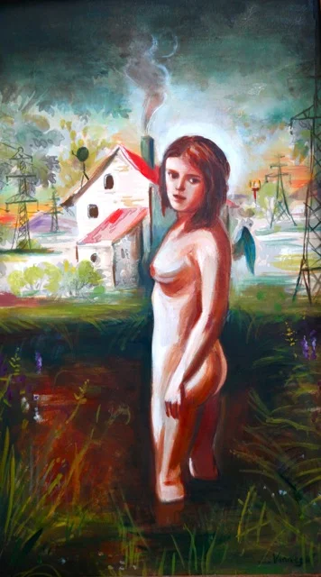 Angel in Vernal Pond with Power Towers