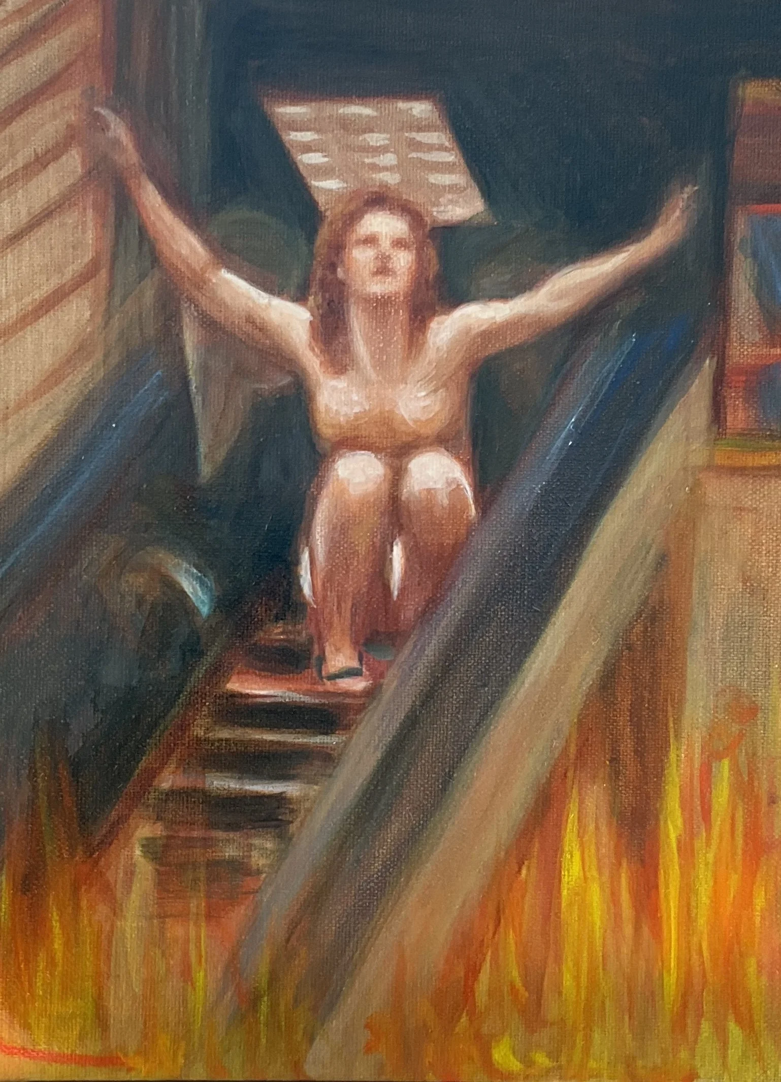 Angel on escalator in flames