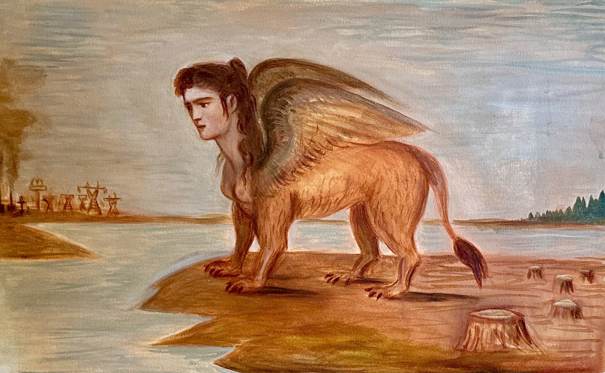 Sphinx looking at power lines