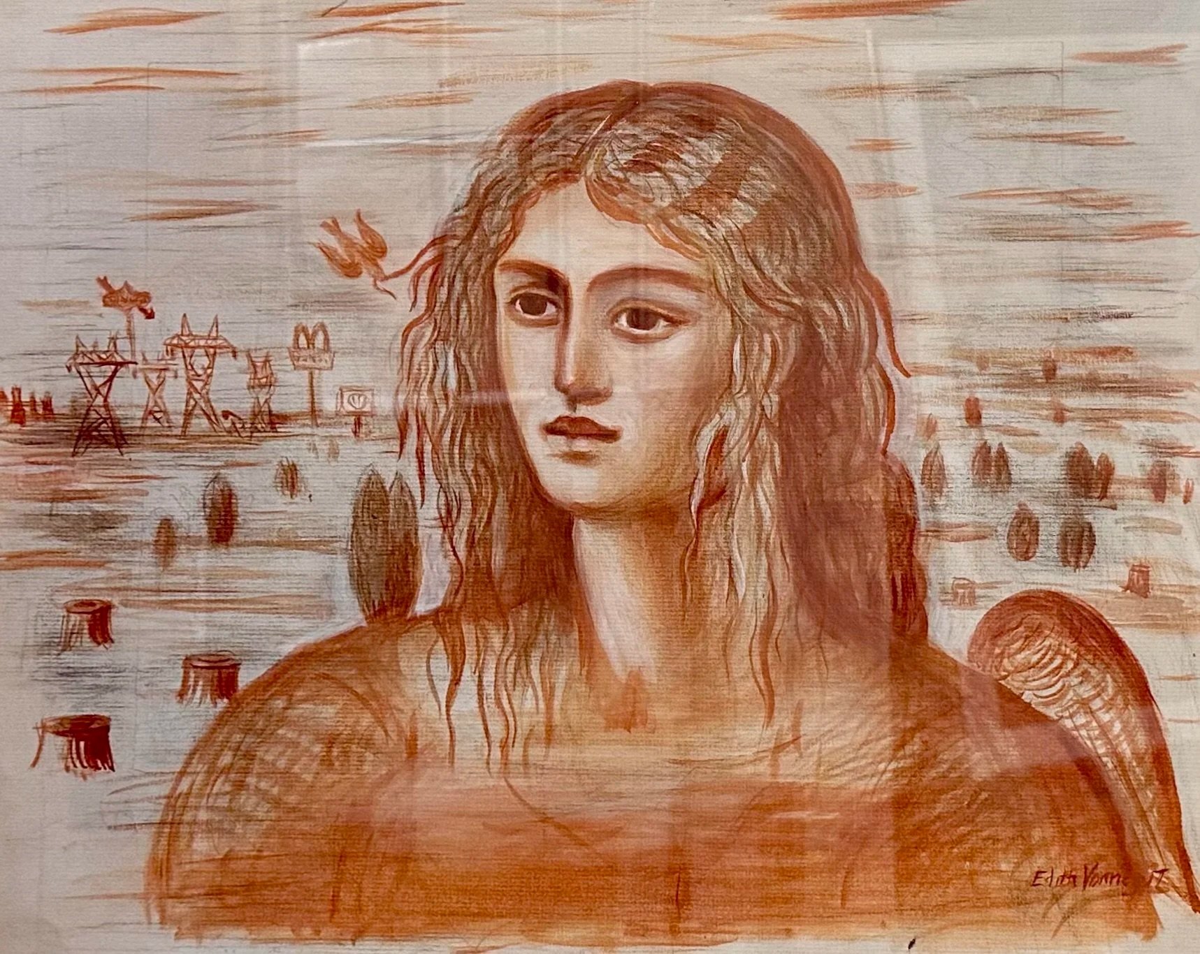 Angel with red bird and modern landscape 
