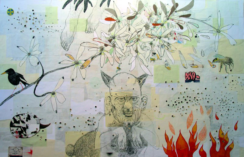 Max Ernst Bullet Hole Orchid and the Bunnyman, 2006 Mixed media on panel 54 x 84 inches