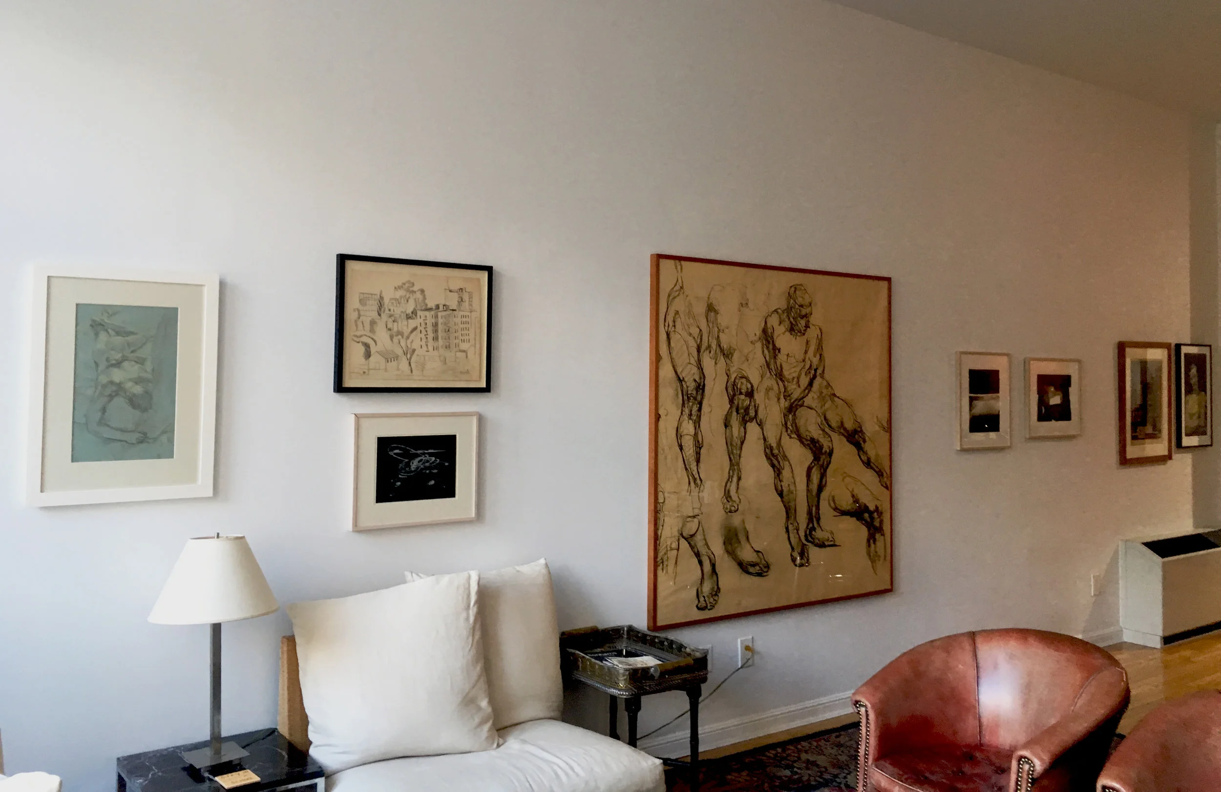 Paul Cadmus, Reclining Male Nude (ca. 1970); Jan Matulka, Buildings and Watertower in the Bronx (study) (ca. early 1920s); (below) Lee Bontecou, Untitled (1973); George Bridgman, Figure Studies II (ca. 1920); Paul Jenkins, In Search of Light and Shelter for Light (both 1985); Guy Pene du Bois, Looking North from 20 W. 10th (ca. 1940s) and Woman with Folded Arms (Felicia Meyer Marsh) (n.d.)