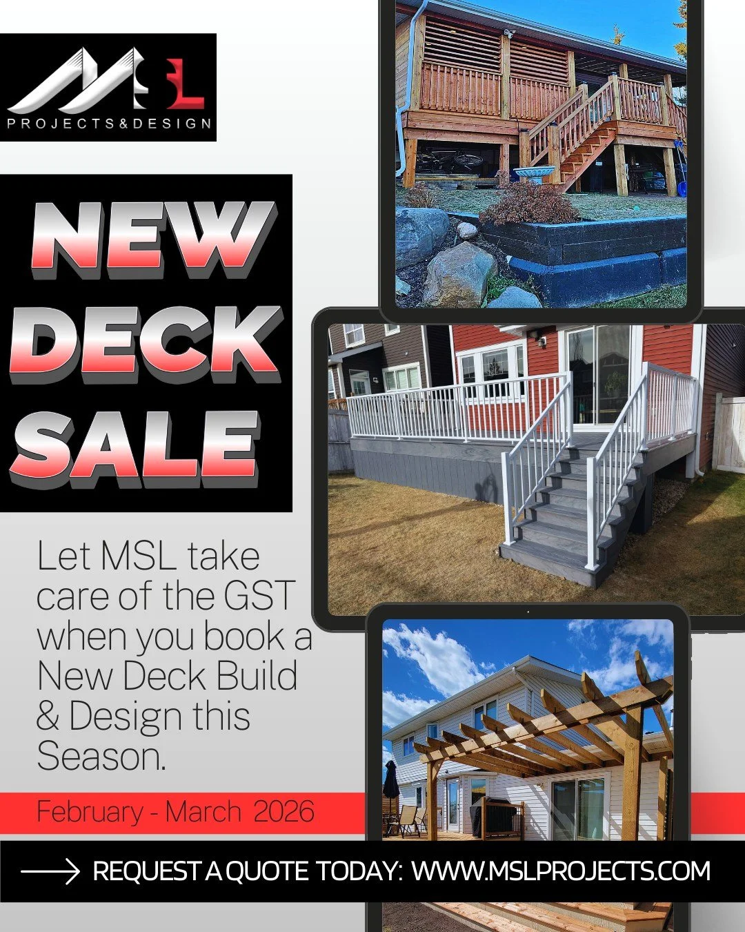 📣📣SALE! SALE! SALE!📣📣

NO GST on new deck builds and designs! 🔥
February&ndash;March only
We design it. We build it. You enjoy it.

Let's get that dream deck project underway!

Request a quote on our website to get started!
Click the link in the