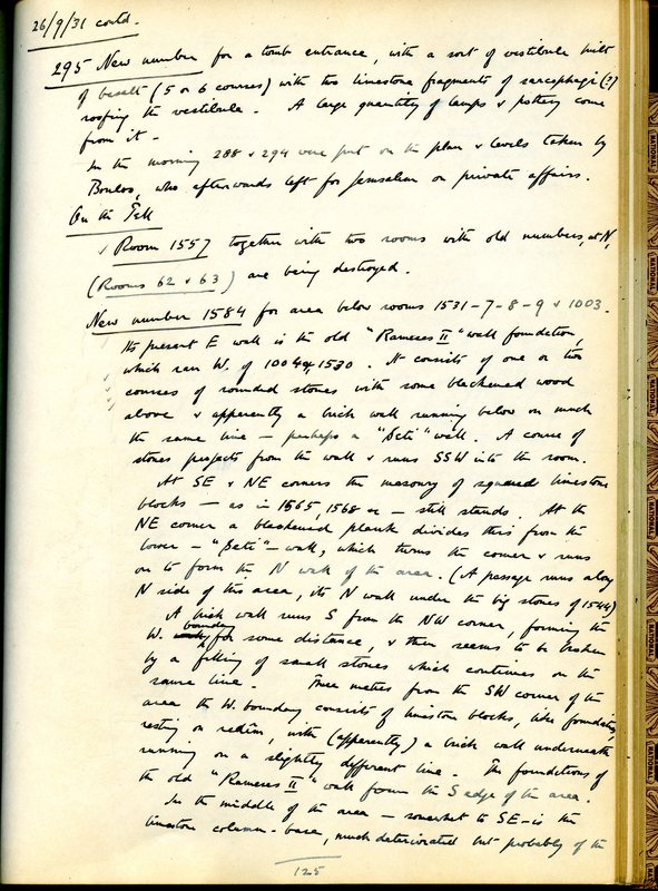 Page from Fitzgerald's field diary, describing the discovery of Tomb 295.