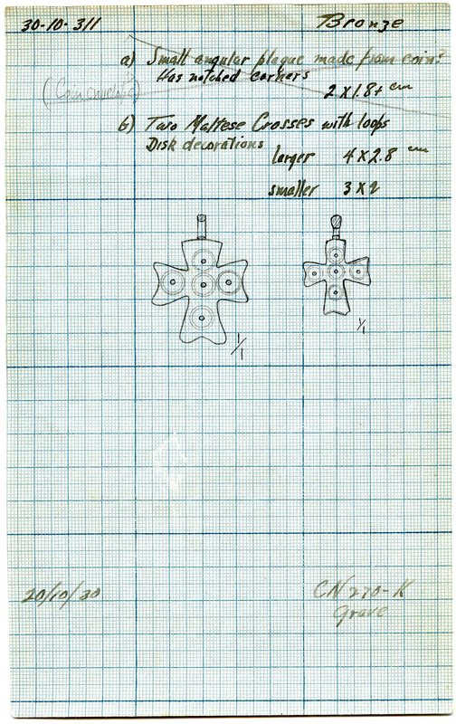 Drawing and card catalog entry for the two crosses.