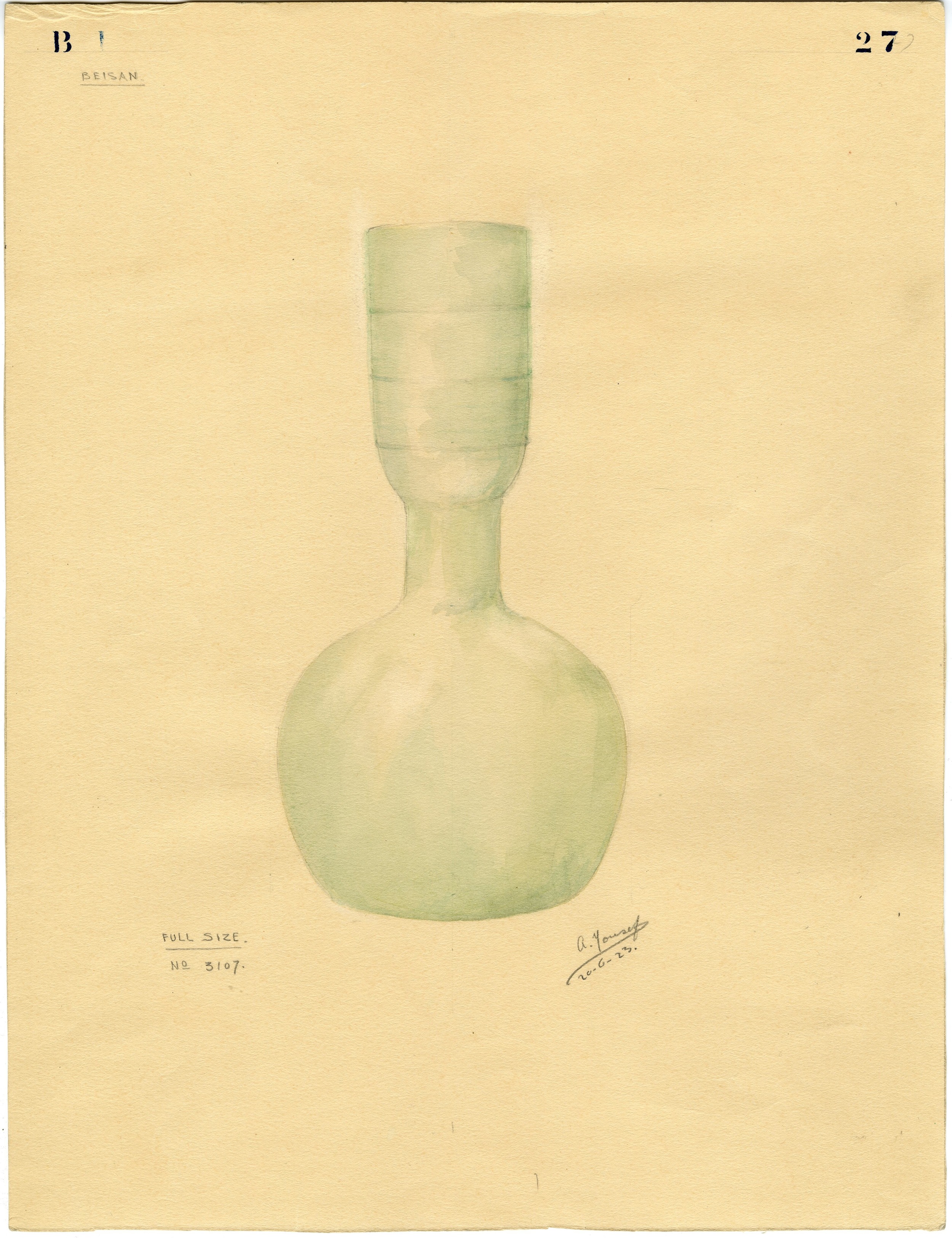 Watercolor of glass pot # 3107, from the Fisher excavations.