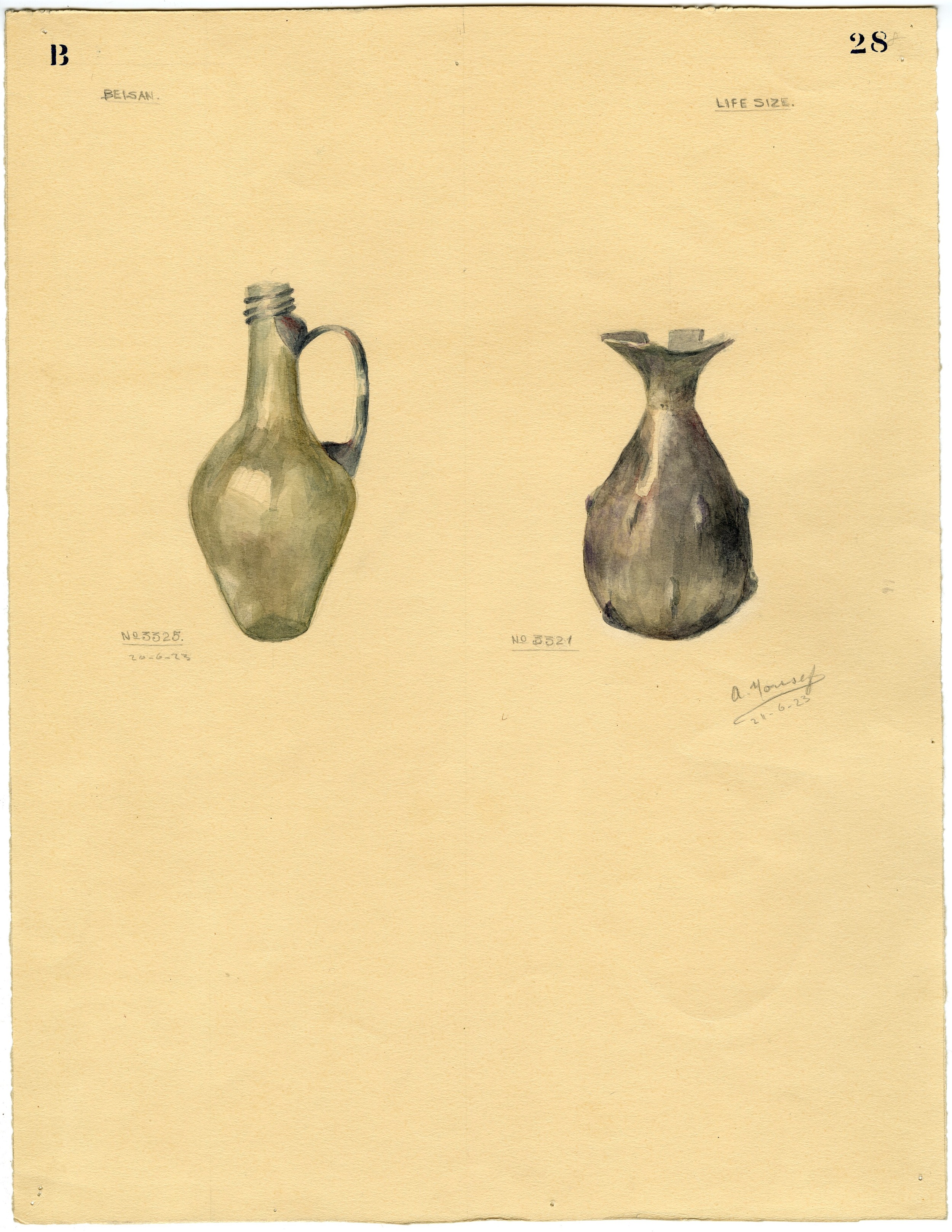 Watercolor of two small glass vessels # 3325 and 3321, from the Fisher excavations.