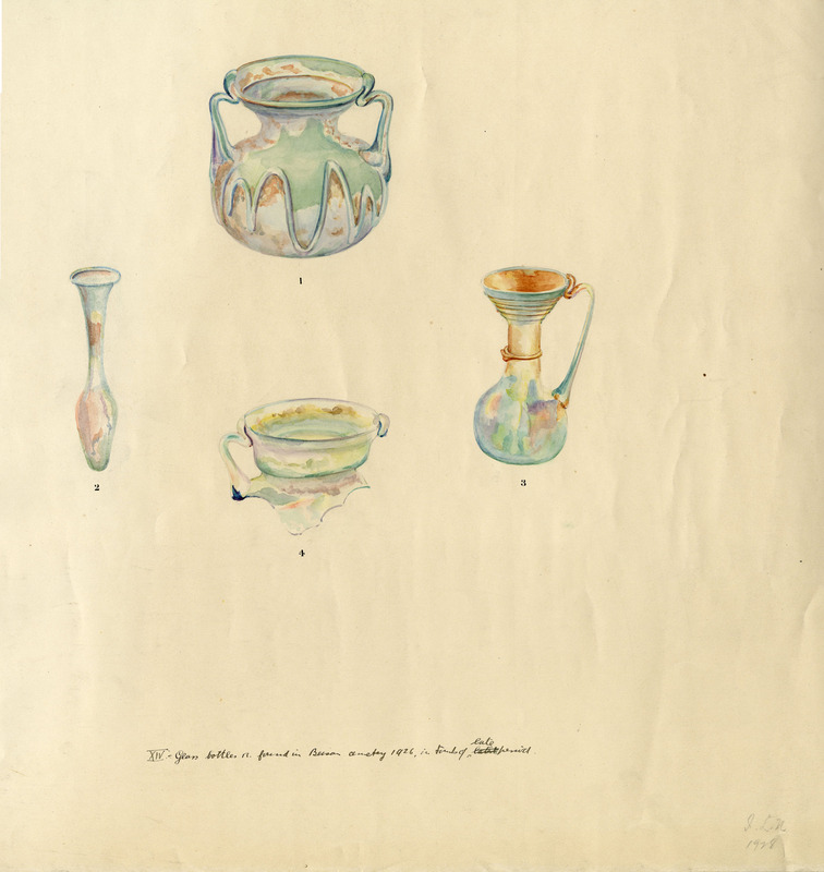 Watercolors of four glass vessels found in the Northern Cemetery in 1926.