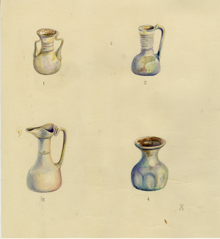 Watercolors of four glass vessels from the Rowe excavation seasons (1925-28).