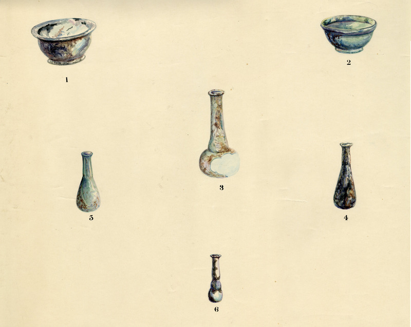 Watercolors of six glass vessels from the Rowe excavation seasons (1925-28).