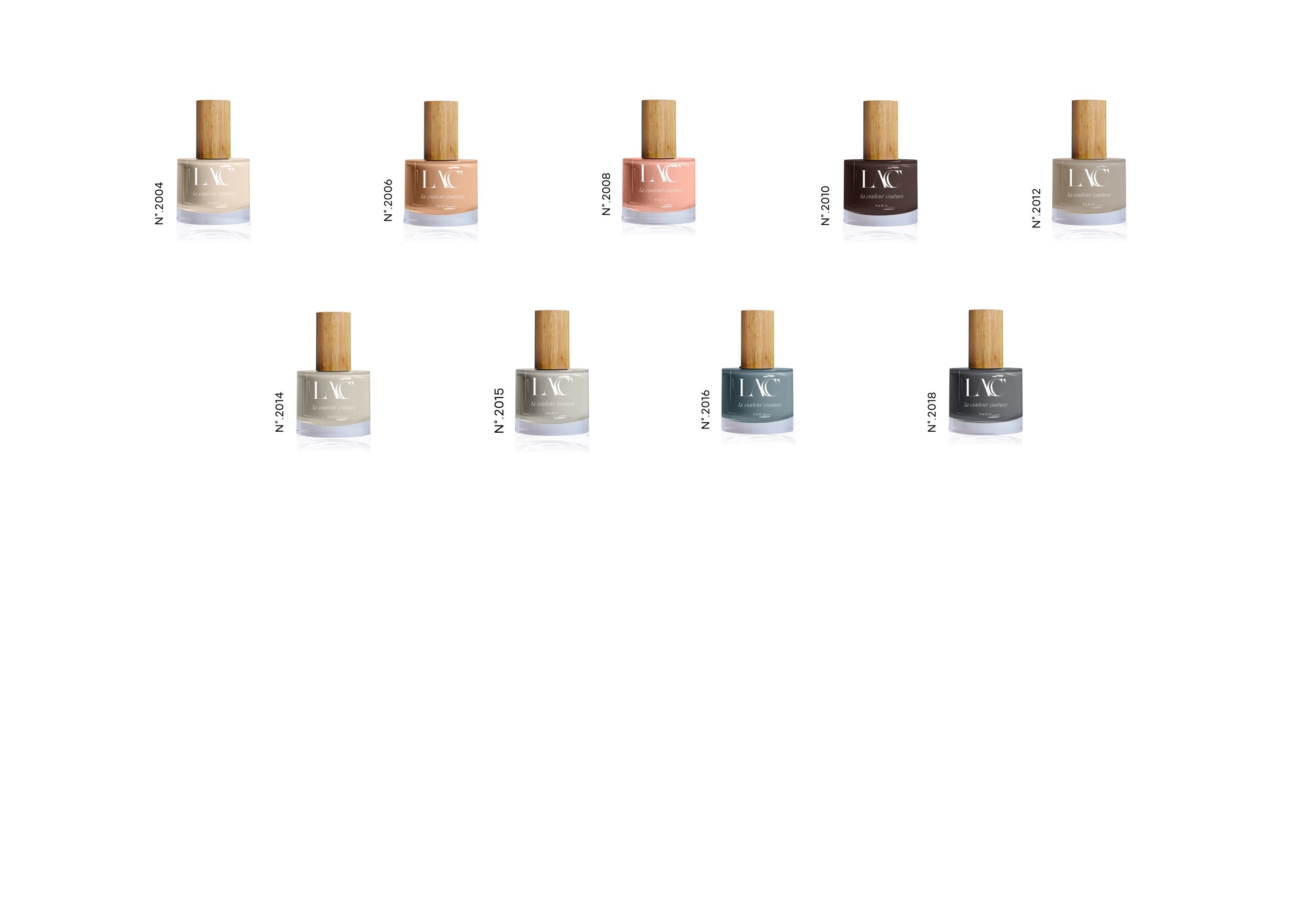 Collection of ten nail polish bottles in different colors with wooden caps arranged in two rows on a white background.