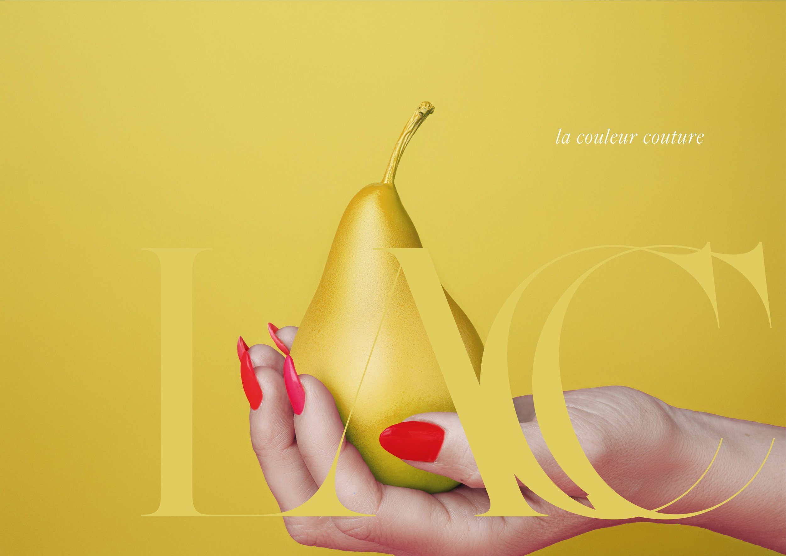A hand with long red painted nails holding a yellow pear against a yellow background. Text overlays include small white cursive reading "la couleur couture" and large, faded yellow letters spelling "LAC".