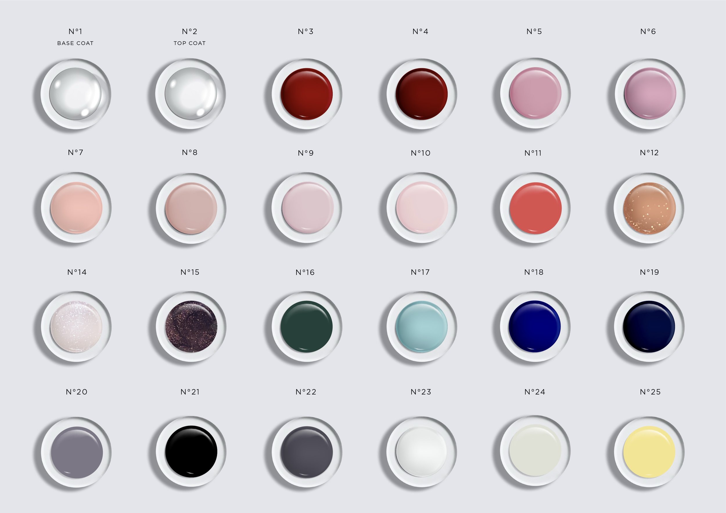 A color palette of 25 nail polish shades arranged in a grid, each with a number and label such as base coat, top coat, and various colors including red, pink, nude, glitter, and dark shades.