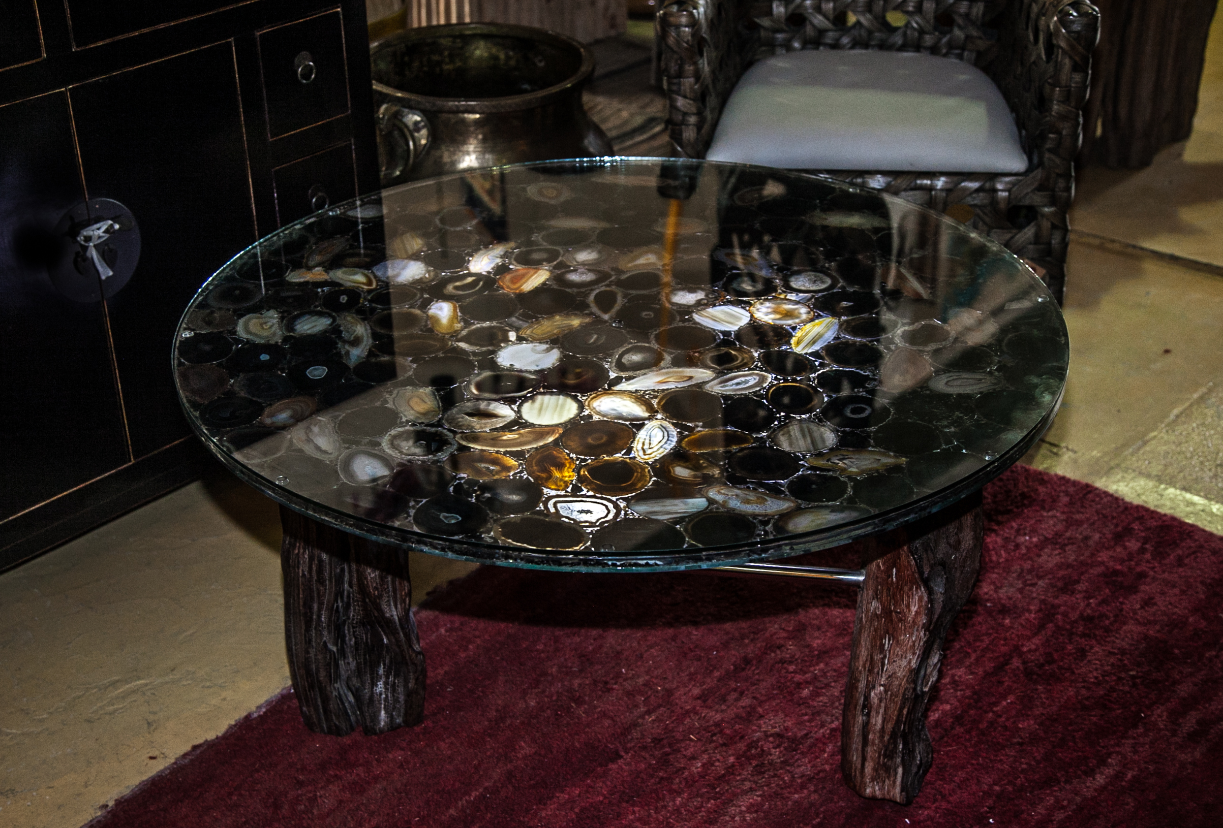 Black and Natural Agate Gem Stone Table
