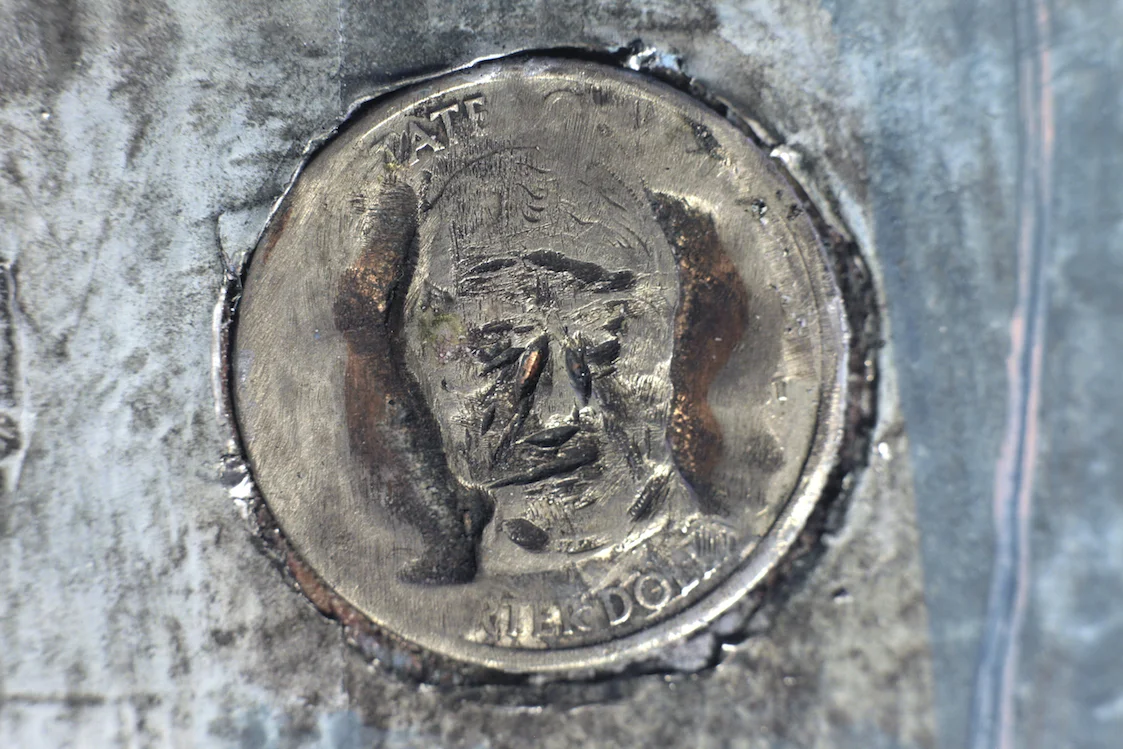   Money for Maeler Daemon, &nbsp;2015 (Detail 1)  Indian ink, acrylic,&nbsp;plumbers tape&nbsp;and altered US currency&nbsp;on plywood  15" x 20" 