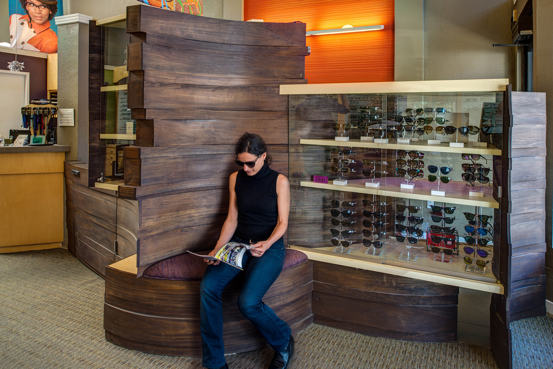  Design and fabrication of bentwood display case/ seating for optometry practice and store in Oakland. 