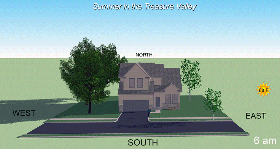West is Best! Planting a shade tree to the West of your home provides shade during those hot summer afternoons and evenings, resulting in cost savings for your summer cooling bill. Credit: Ecosystem Sciences Foundation