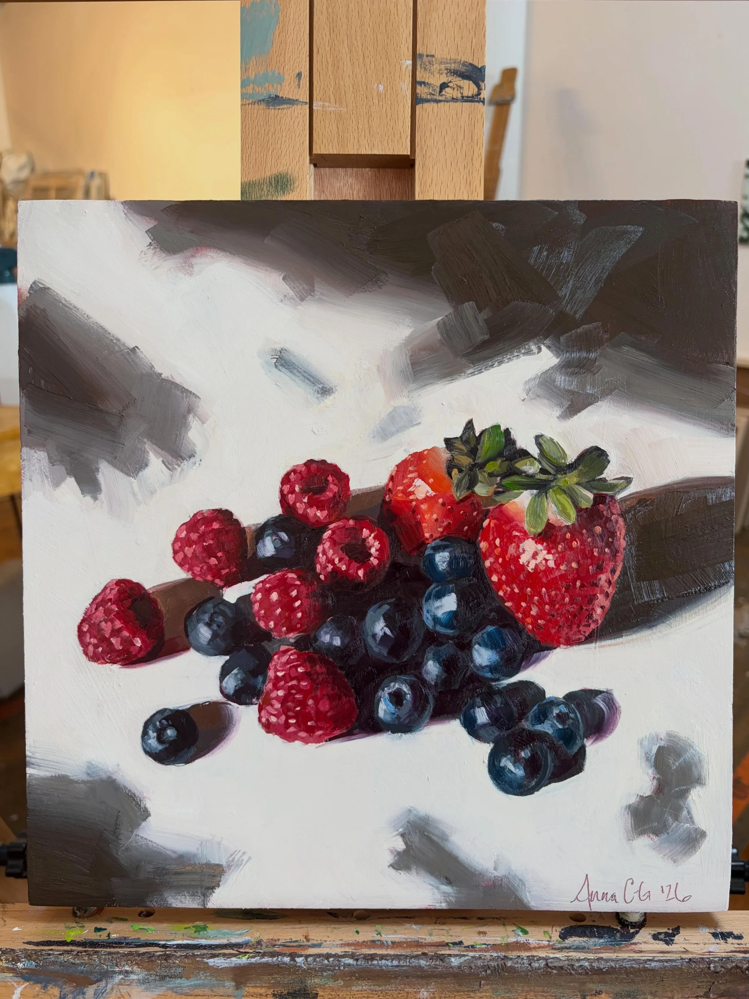 people should tell expecting parents to start saving for their berry budget asap. shocking how many they eat. and really, who can blame them. berries are the best. 
🍓🫐🍓🫐 

12&rdquo;x12&rdquo; oil on wood panel. 

#foodpainting #berries #berrypain