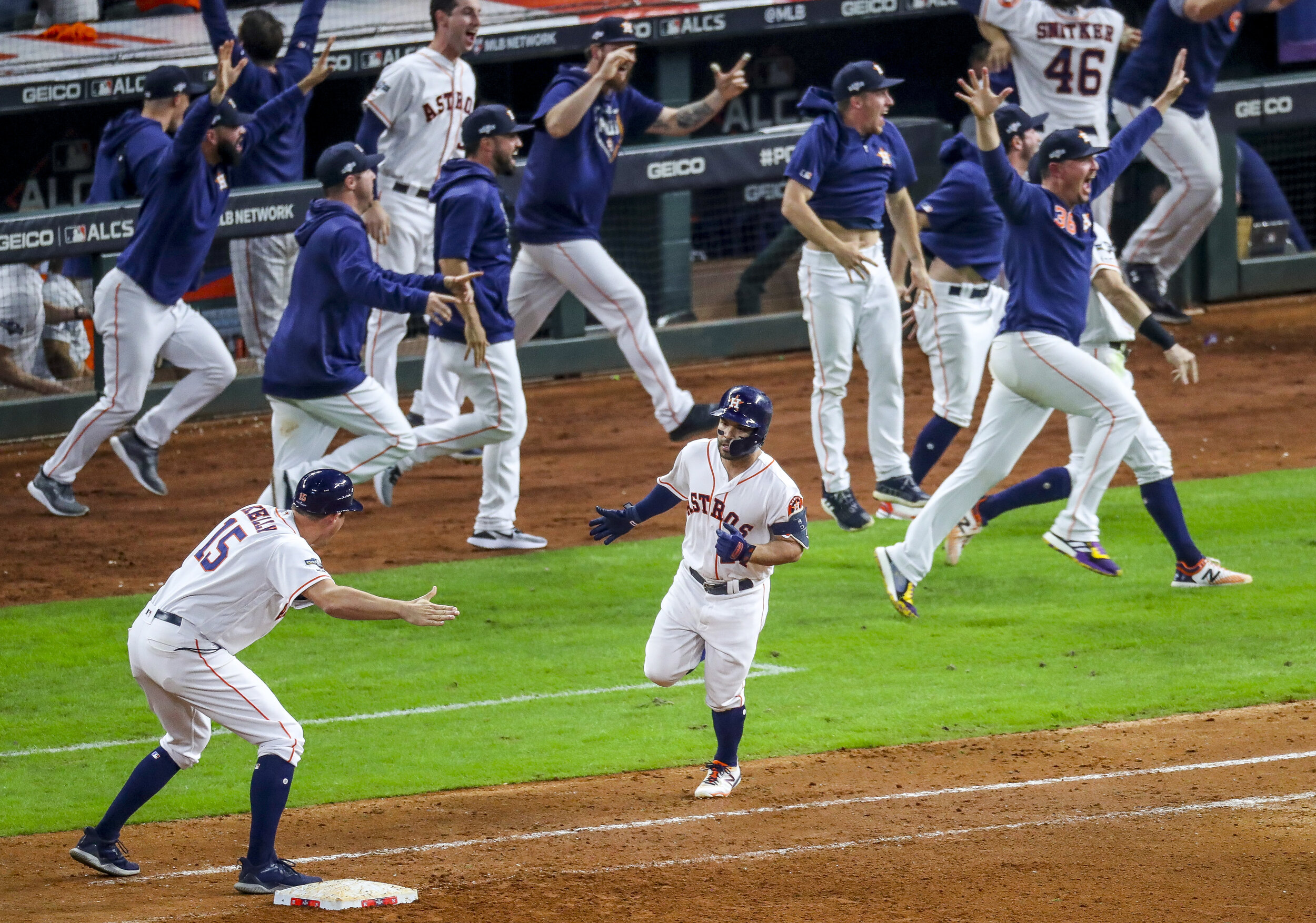  Houston Astros second baseman Jose Altuve (27) rounds first base after hitting a game-winning, two-run, walk-off home run to win Game 6 of the American League Championship Series during the ninth inning at Minute Maid Park in Houston on Saturday, Oc