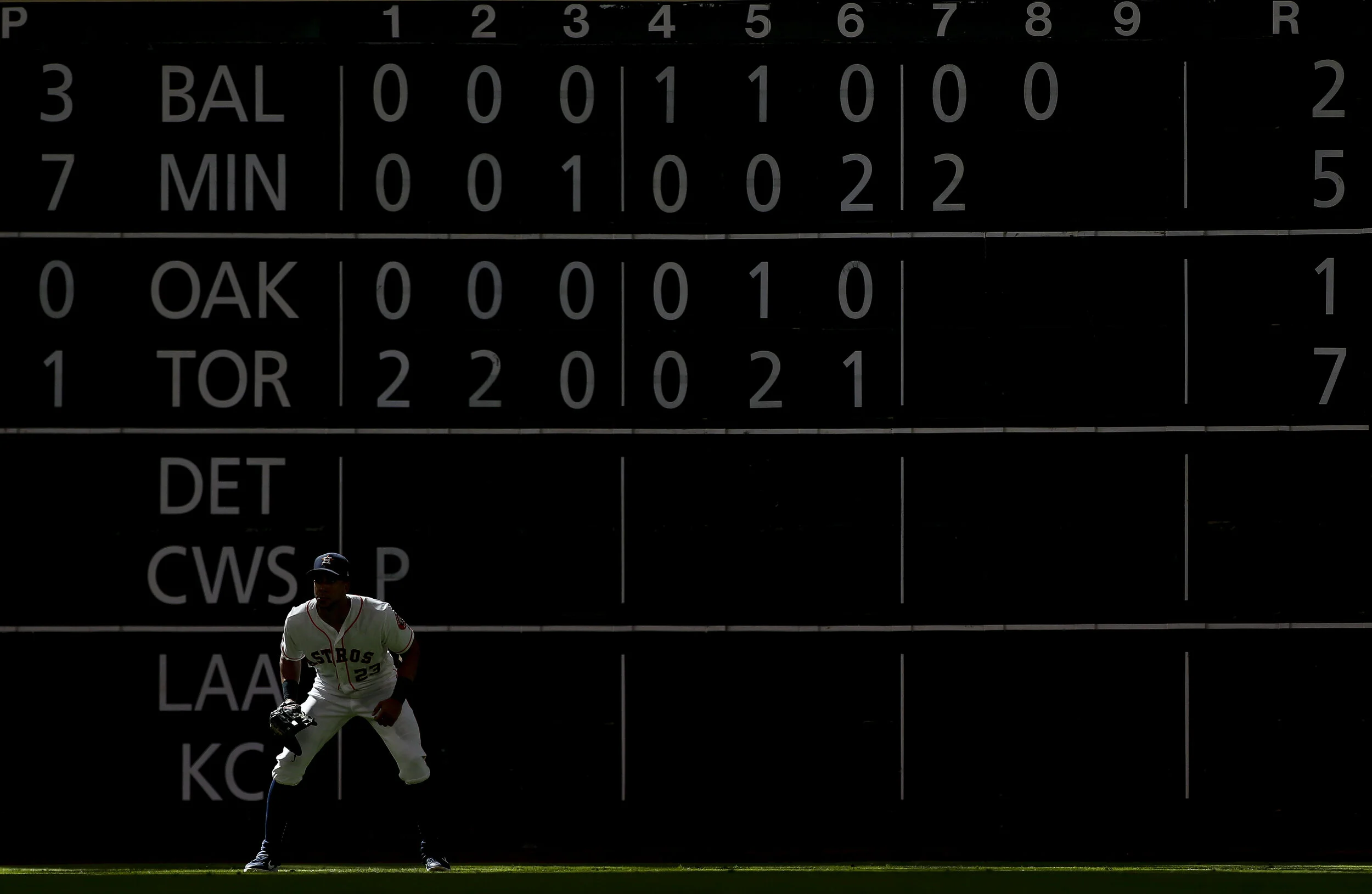  Houston Astros left fielder Michael Brantley (23) waits for a Cleveland Indians swing during the fifth inning of an MLB game at Minute Maid Park Saturday, April 27, 2019, in Houston. 
