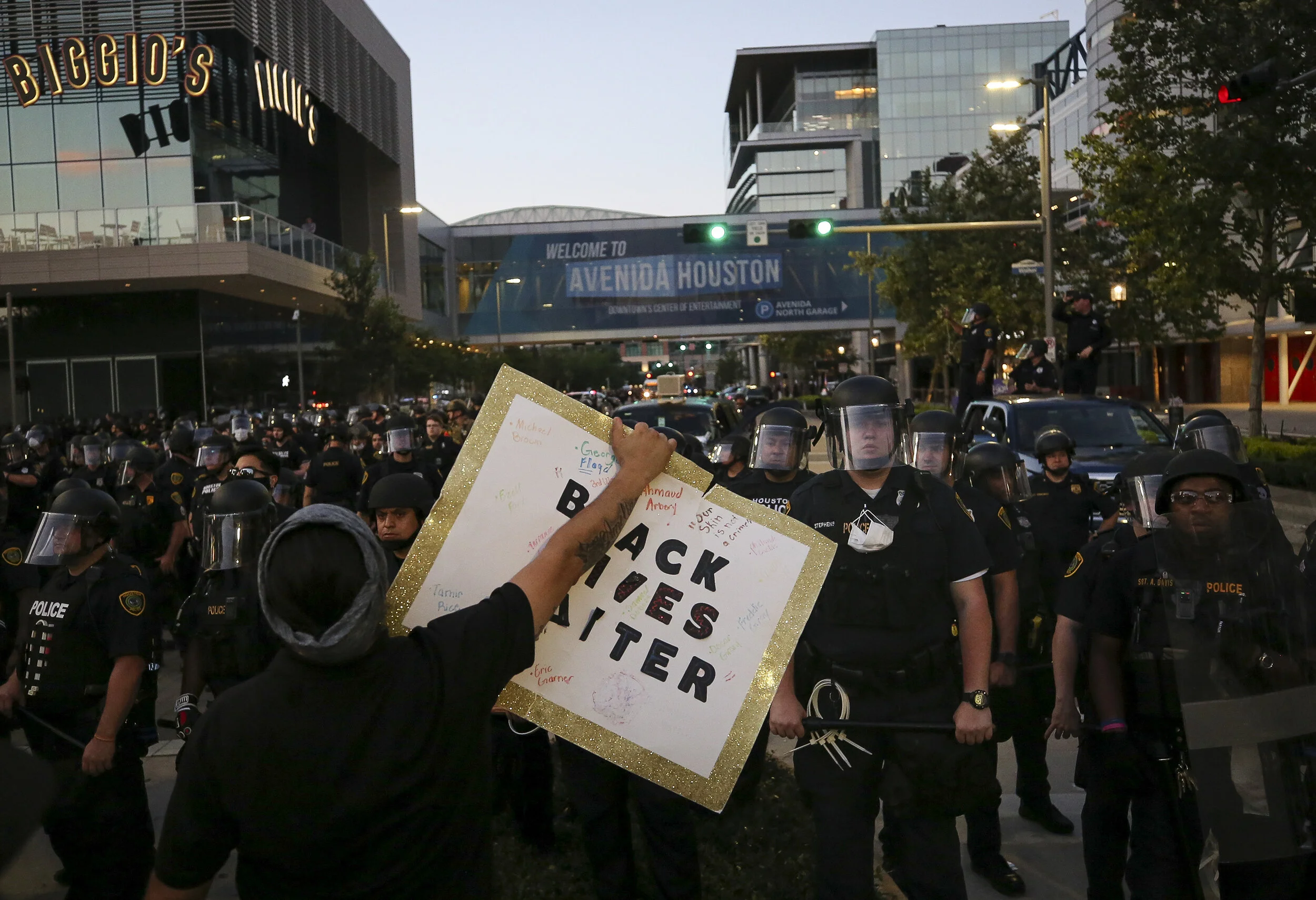  Demonstrators are met by Houston Police officers during the fifth night of protests across the nation sparked by the death of former Houston resident George Floyd, on June 2, 2020, in Houston. Floyd died while in custody of the Minneapolis Police, a