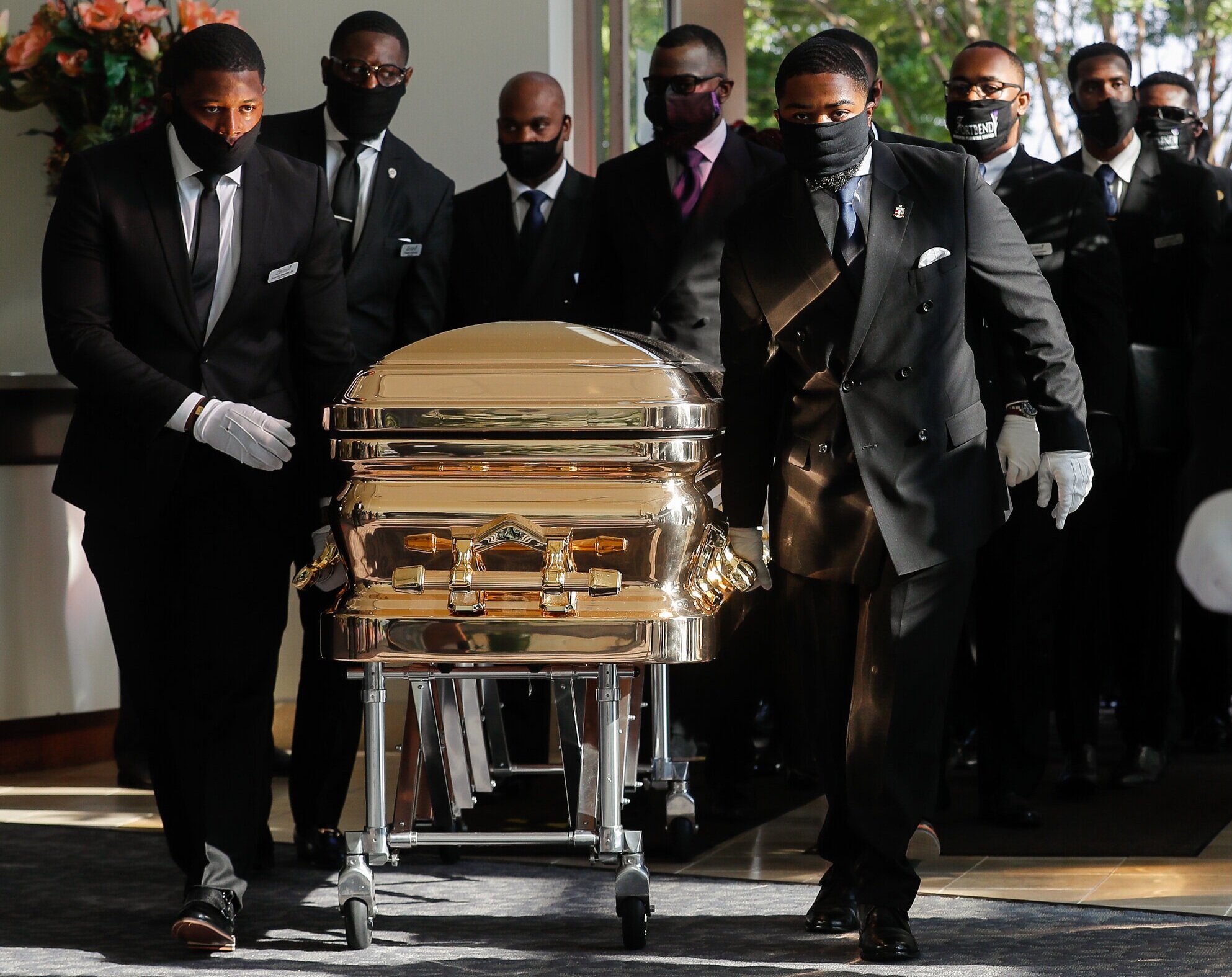  Pallbearers bring the casket carrying the body of former Houston resident George Floyd into The Fountain of Praise church for the funeral service Tuesday, June 9, 2020, in Houston, Texas. Floyd died while in custody of the Minneapolis Police Departm