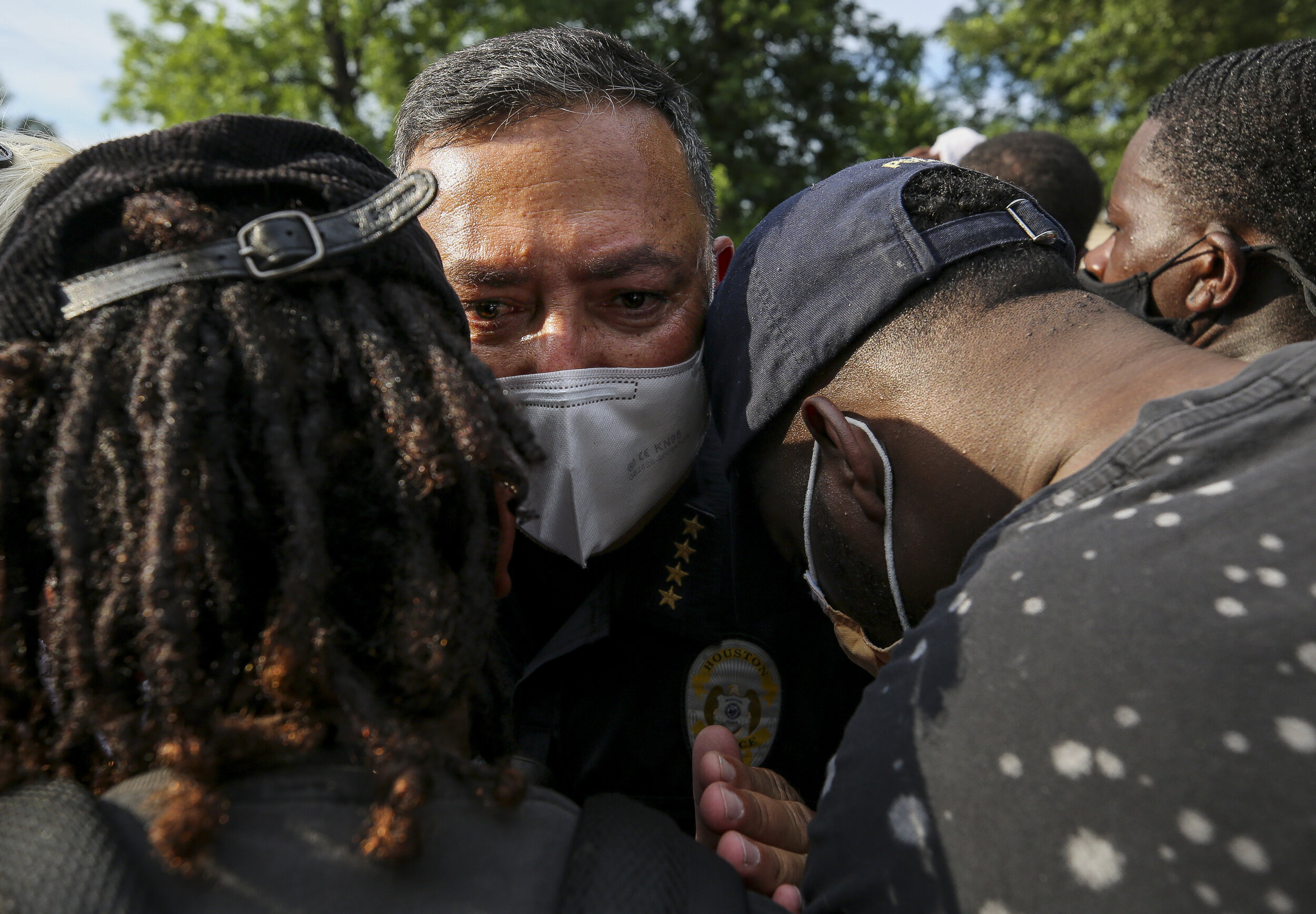  Houston Police chief Art Acevedo talks to demonstrators, explaining he needed more time to get his officers in place to block access to the freeway as tensions grew with people wanting to continue marching west on Elgin Street, on Saturday, May 30, 