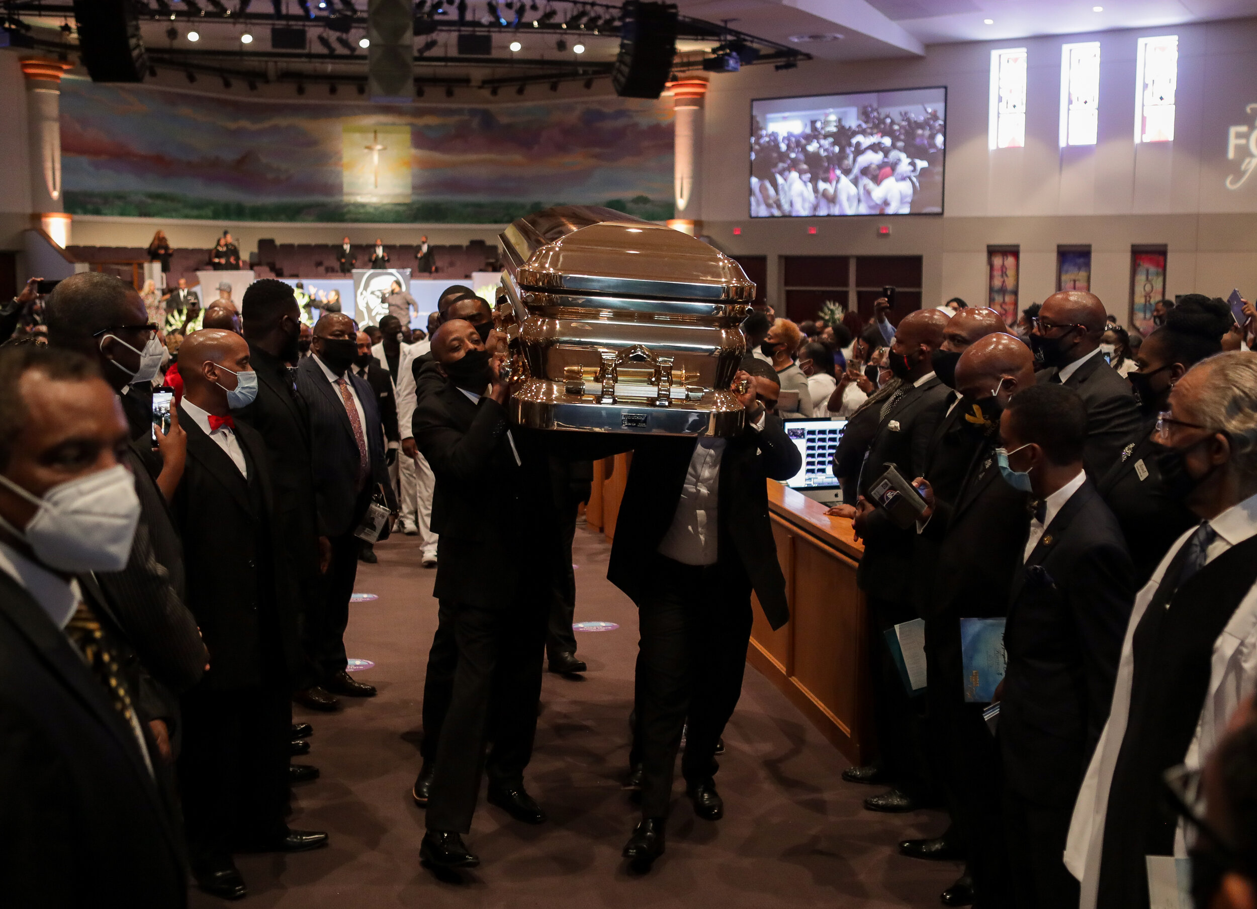  Pallbearers recess out of the church with the casket following the funeral for George Floyd at The Fountain of Praise church on Tuesday, June 9, 2020, in Houston, Texas. Floyd died while in custody of the Minneapolis Police Department, after officer