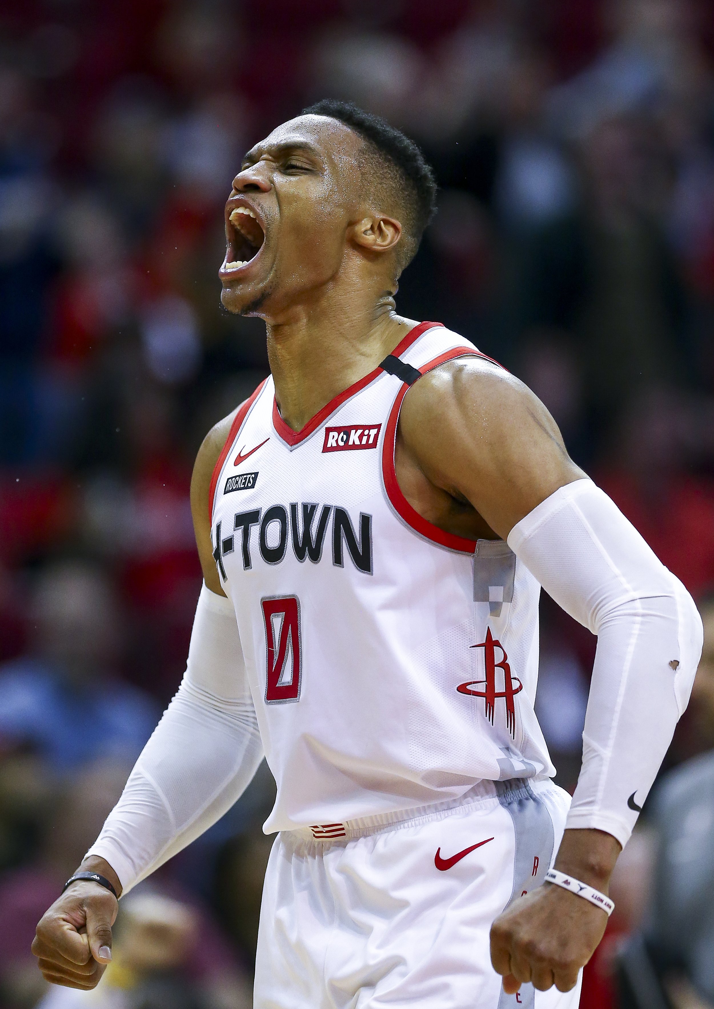 Houston Rockets guard Russell Westbrook (0) celebrates after stealing the ball and earning an assist against the Minnesota Timberwolves during the second half of an NBA game at the Toyota Center Saturday, Jan. 11, 2020, in Houston. The Rockets won 1