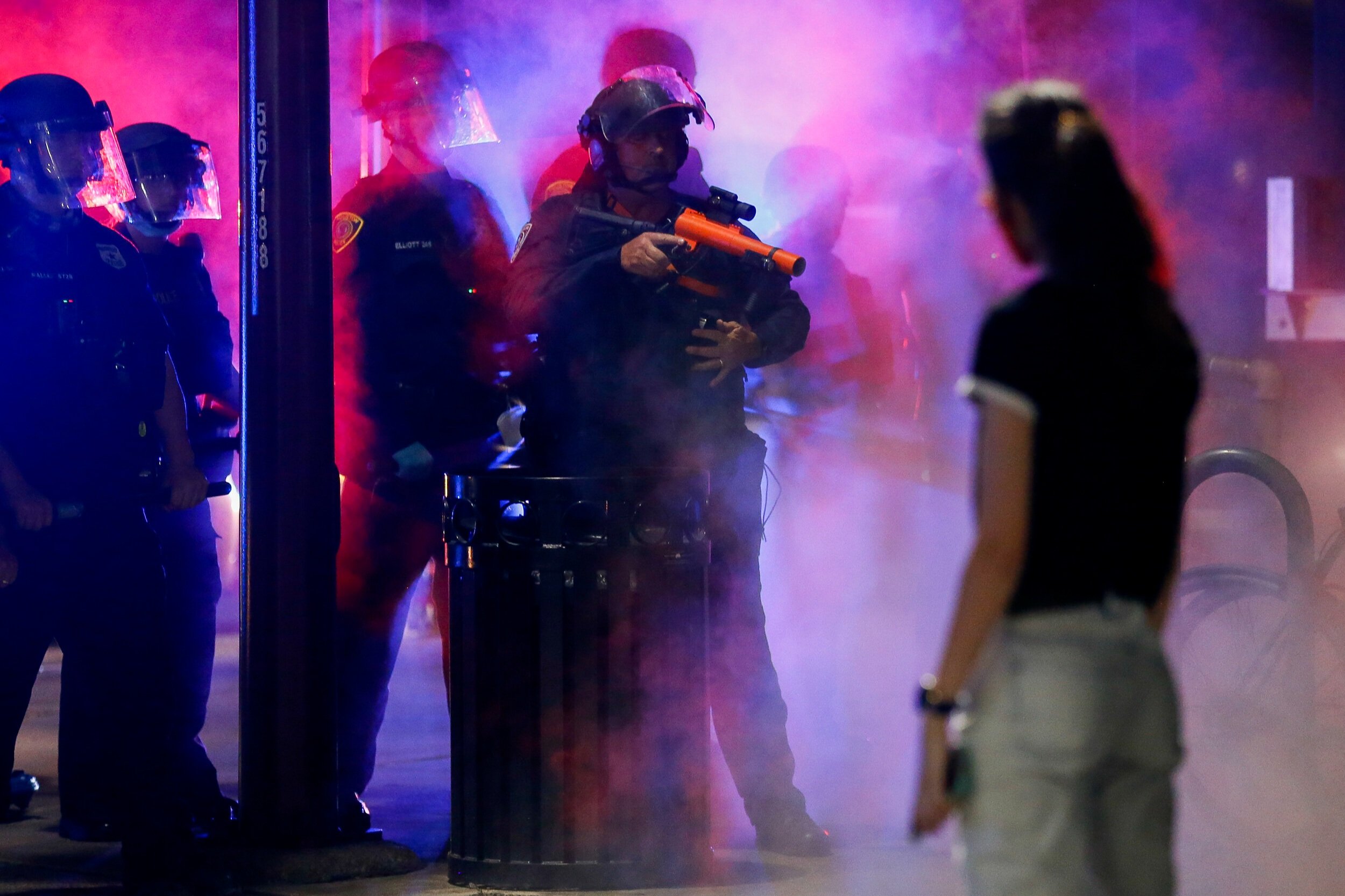  Houston Police block off Smith Street to prevent demonstrators from heading west on Preston Street during a march to protest the death of Houston resident George Floyd on Saturday, May 30, 2020, in Houston, Texas. Floyd died while in custody of the 