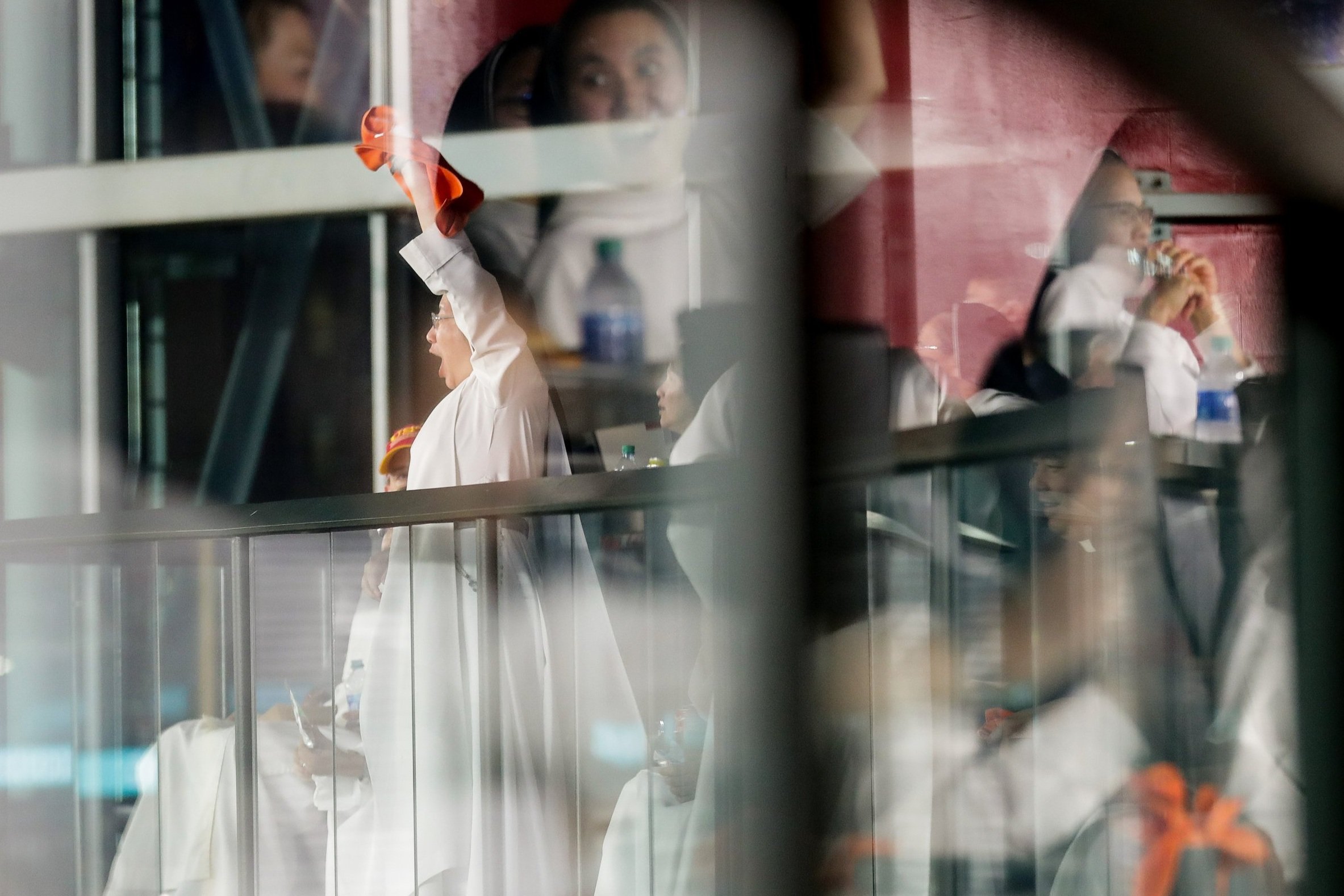  Sister Dominica – with Dominican Sisters of Mary Immaculate Province –  cheers on the Houston Astros during the first inning of game 6 in the American League Championship Series against the Boston Red Sox at Minute Maid Park on Friday, Oct. 22, 2021