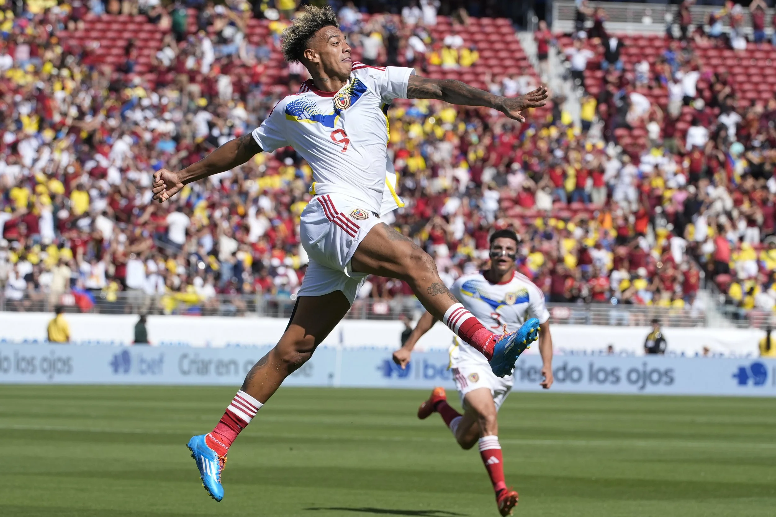 Venezuela's Jhonder Cadiz celebrates scoring his side's first goal against Ecuador during a Copa America Group B soccer match, Saturday, June 22, 2024, in Santa Clara, Calif. (AP Photo/Godofredo A. Vásquez)