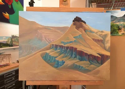 sheep rock, wip. oil on wood panel