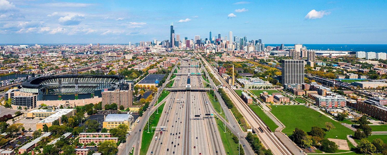 Image Title: Chicago Skyline - Inbound Dan Ryan (I90) Aerial Mat Sizes: 12x20 Float Mount Sizes: 07x18, 10x24, 12x30, 15x36, 17x42, 19x48, 22x54, 25x60