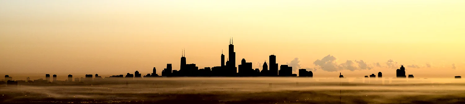 Image Title: Chicago Skyline - SW Silhouette Aerial Mat Sizes: 7 x20 Float Mount Sizes: 04x18, 05x24, 07x30, 08x36, 09x42, 11x48, 12x54, 14x60