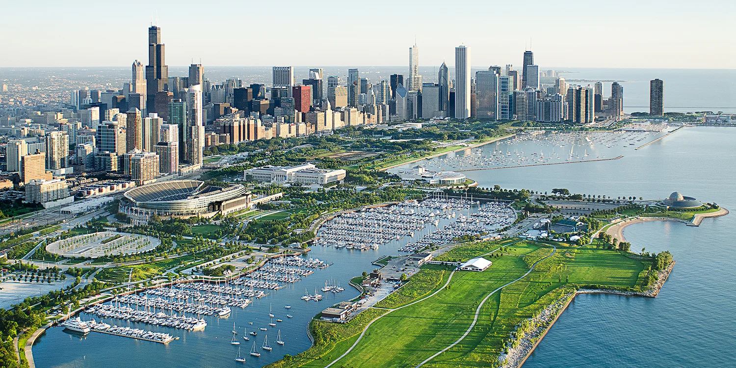 Image Title: Chicago Lakefront - Aerial Mat Sizes: 12x20 (as displayed) or 08x10, 11x14, 16x20 (full frame) Float Mount Sizes: 09x18, 12x24, 15x30, 18x36, 21x42, 24x48, 26x54, 30x60