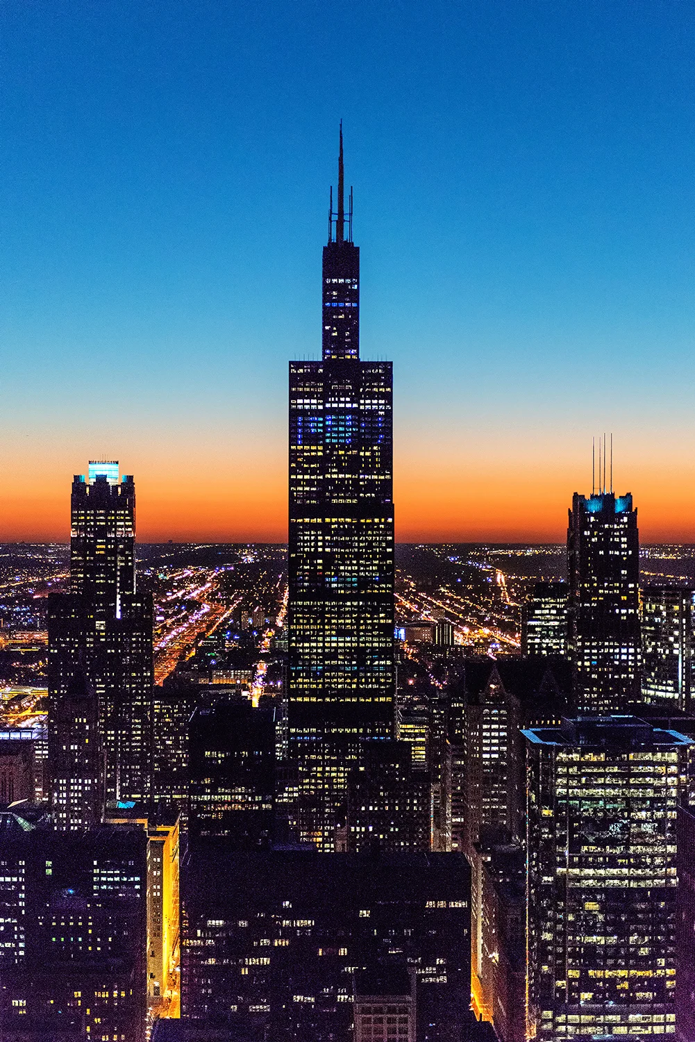 Image Title: Sears Tower Sunset - Aerial Mat Sizes: 8x10, 11x14, 16x20 Float Mount Sizes: 12x18, 16x24, 20x30, 24x36, 28x42, 32x48, 36x54, 40x60.