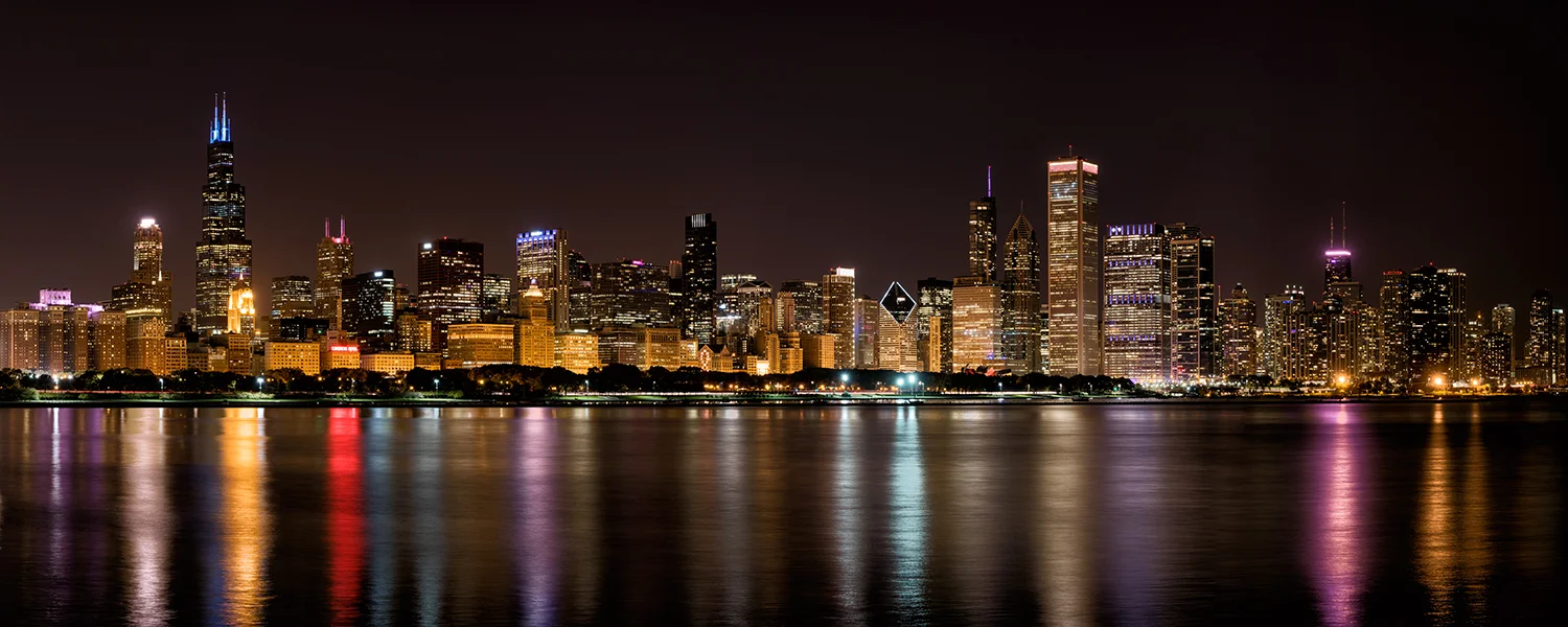 Image Title: Chicago Skyline - Night Mat Sizes: 12x20 Float Mount Sizes: 07x18, 10x24, 12x30, 15x36, 17x42, 19x48, 22x54, 25x60
