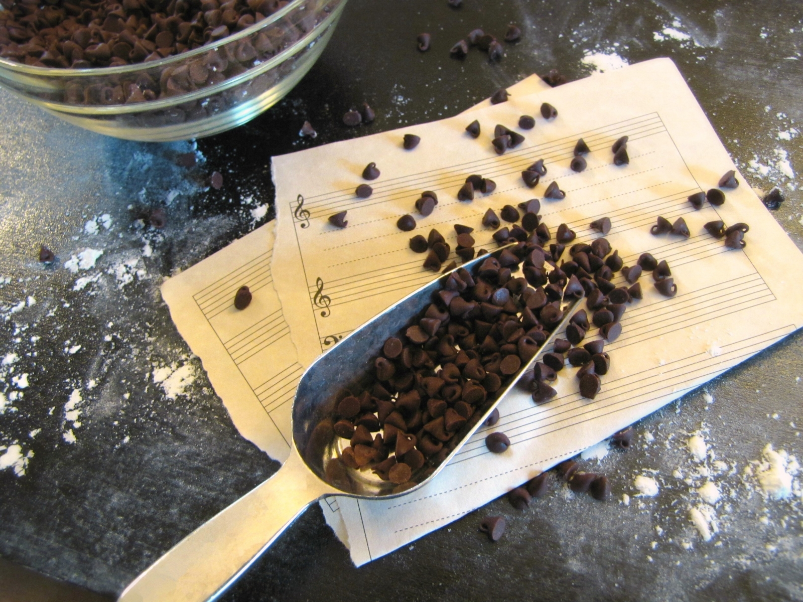 chocolate chips and sheet music paper