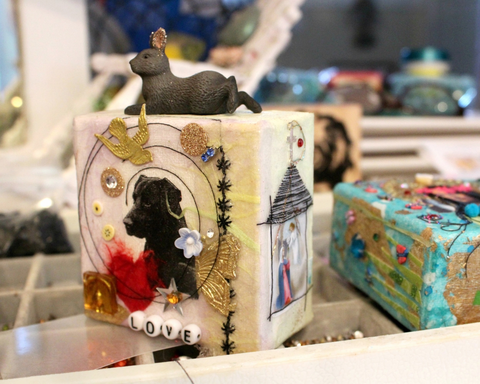 embellished mixed media dog art by Caroline Daley