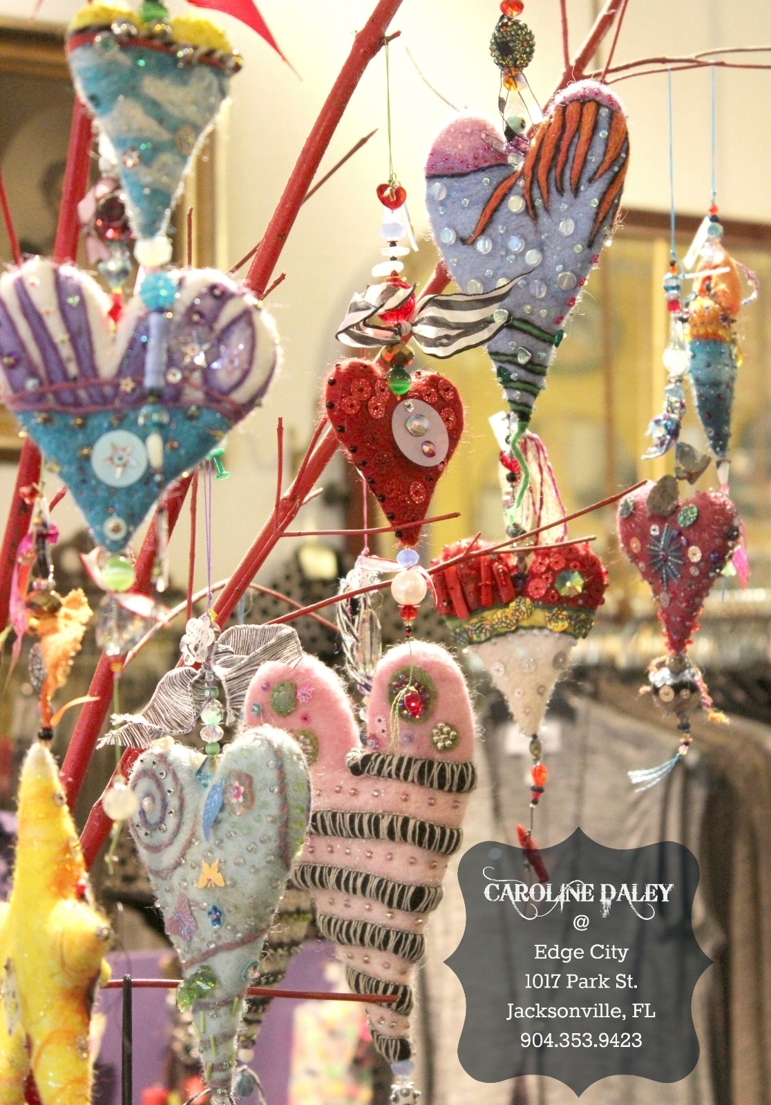 felted embellished heart and star ornaments by Caroline Daley