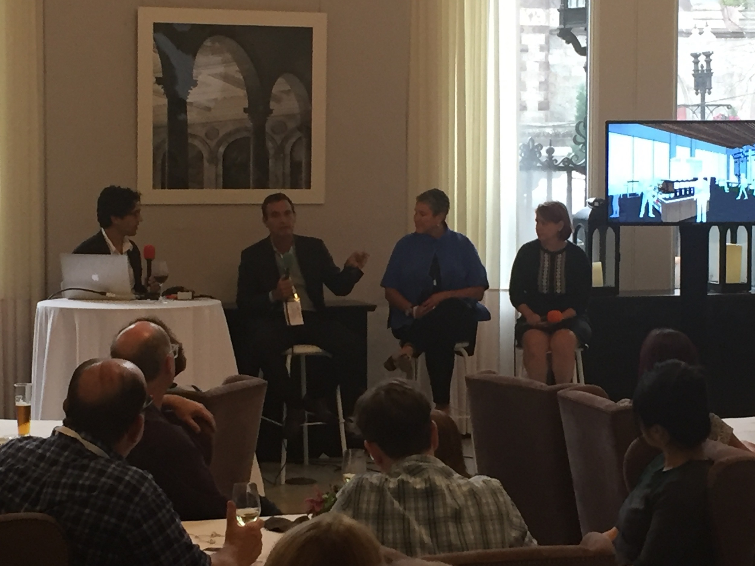 Adam Ragusea (far left) interviews guests Ben Godley (COO of WGBH), Amy Shaw (SVP of Engagement and Content at Nine Network) and Kerri Hoffman (CEO of PRX).
