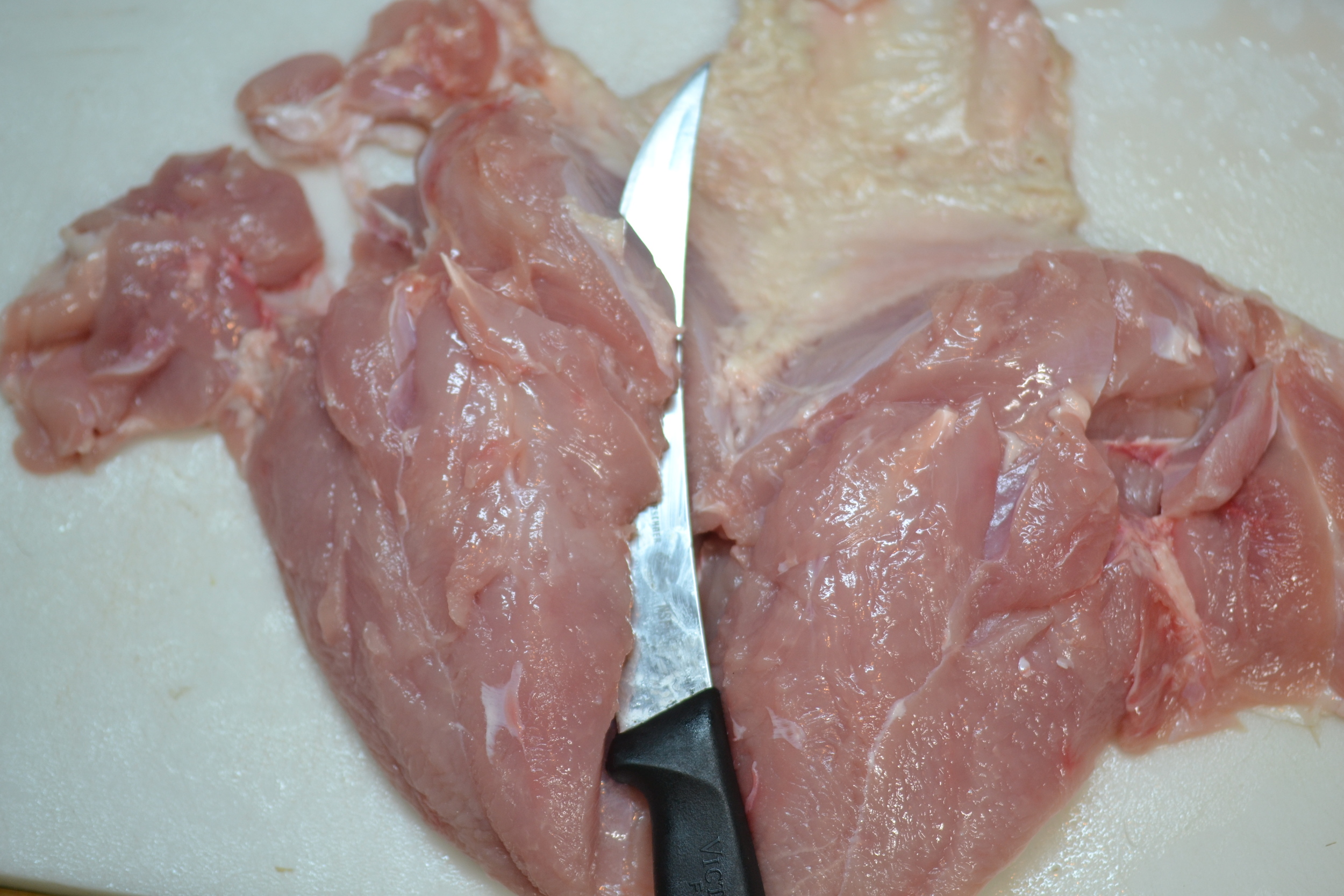When you have butterflied both sides of the breast you will have almost doubled its size by making it thinner. It should look like the picture below.