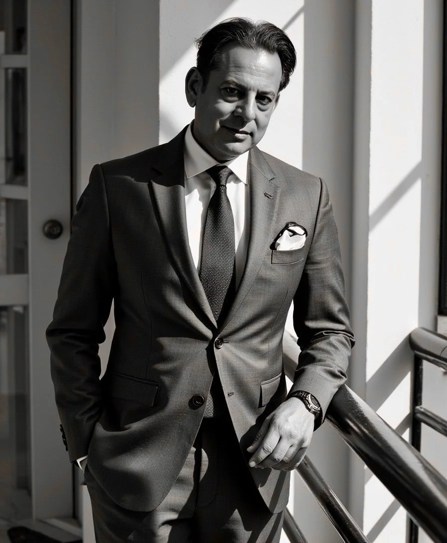 Wasim Ahmad, A man in a gray suit, white shirt, and black tie standing indoors near stairs, looking at the camera with a slight smile.