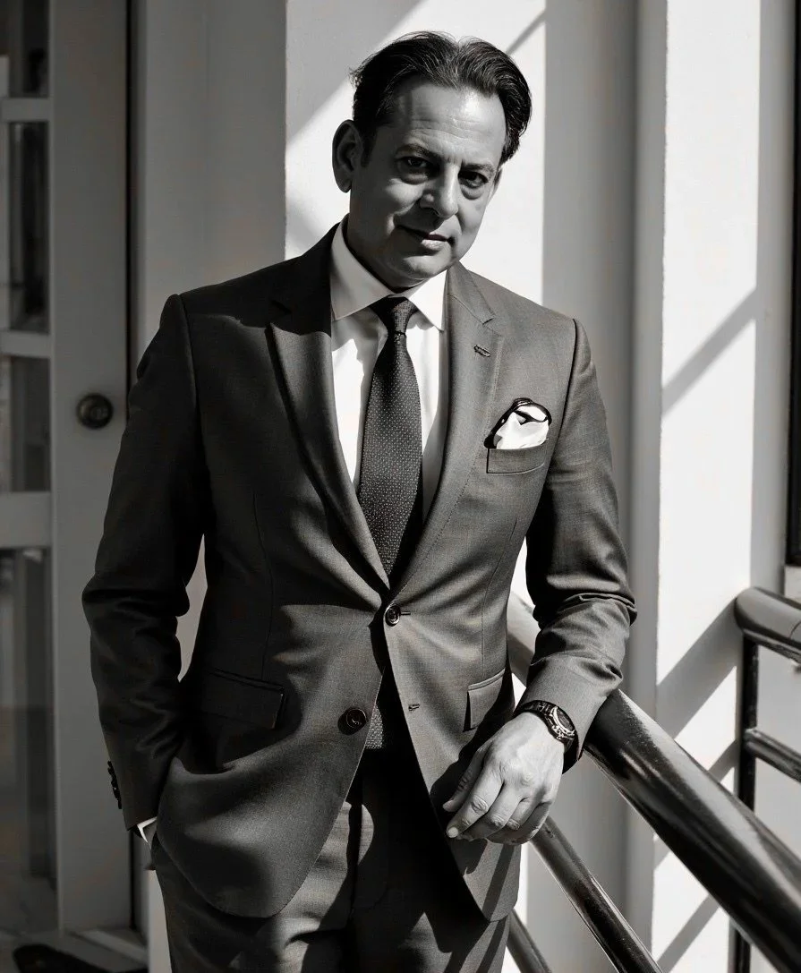 A man in a suit standing indoors near a railing, with sunlight casting shadows on the wall behind him.