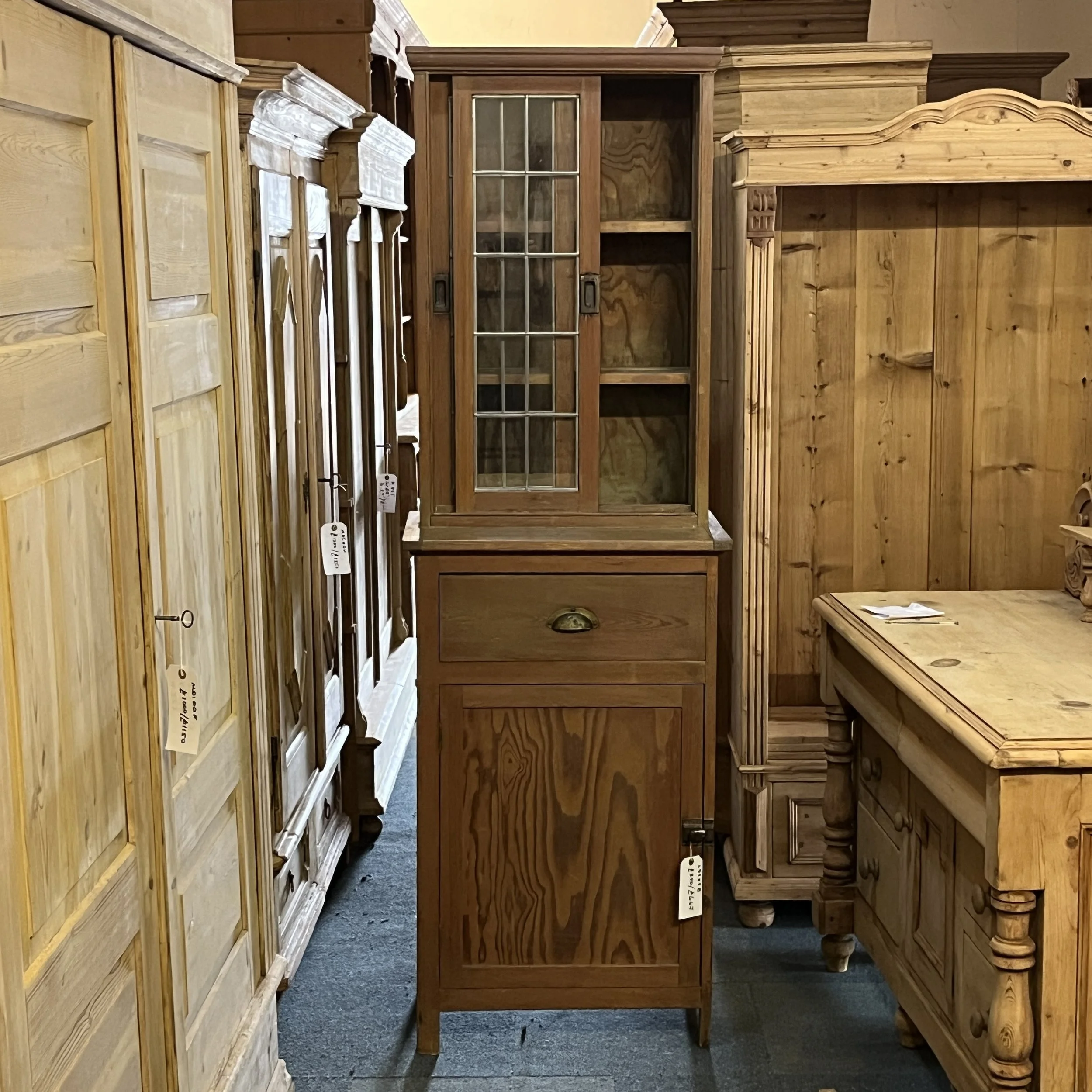 Tall Slim Pitch Pine Dresser Display Cabinet with Leaded Glazed Sliding Doors