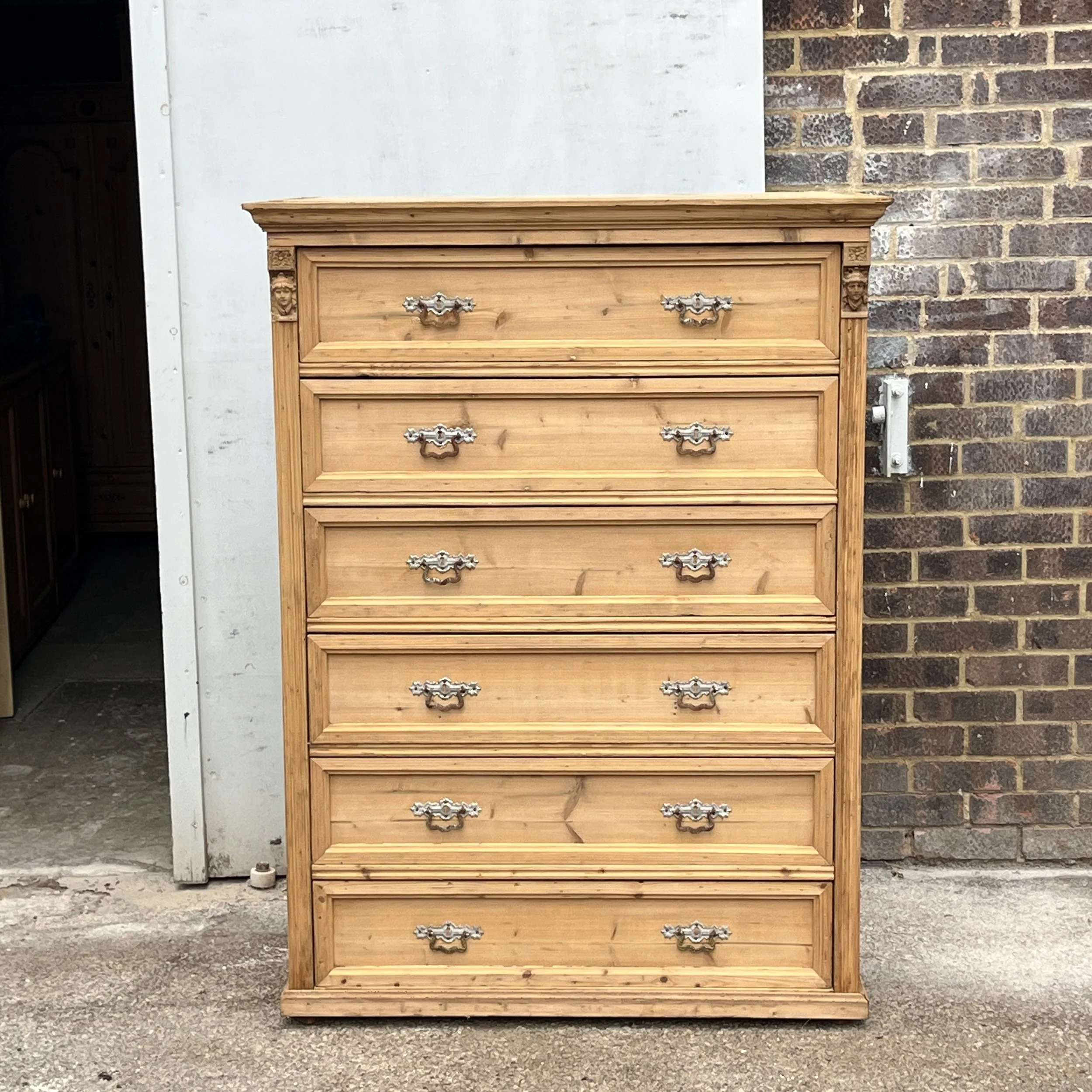 1920s Antique Pine Tall Six-Drawer Chest