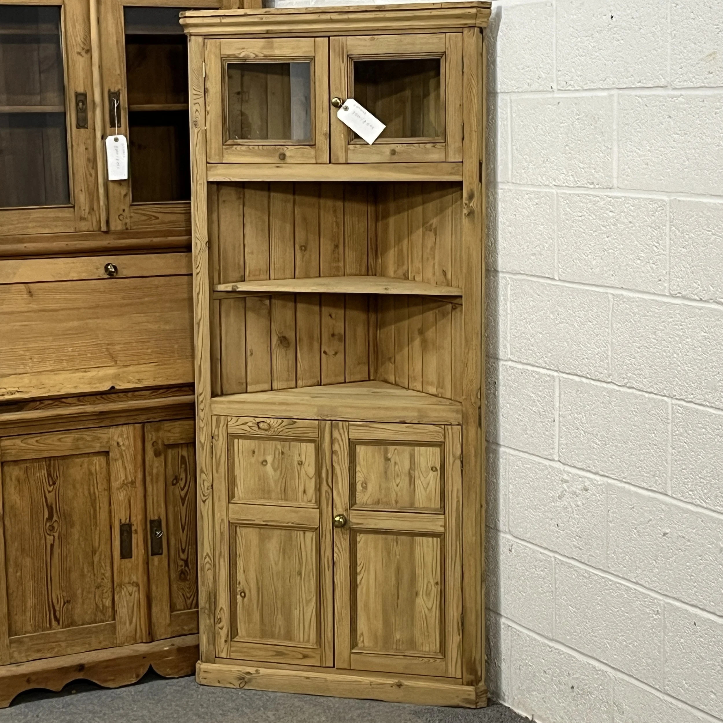 Tall Slim Partly Glazed Rustic Pine Corner Cupboard